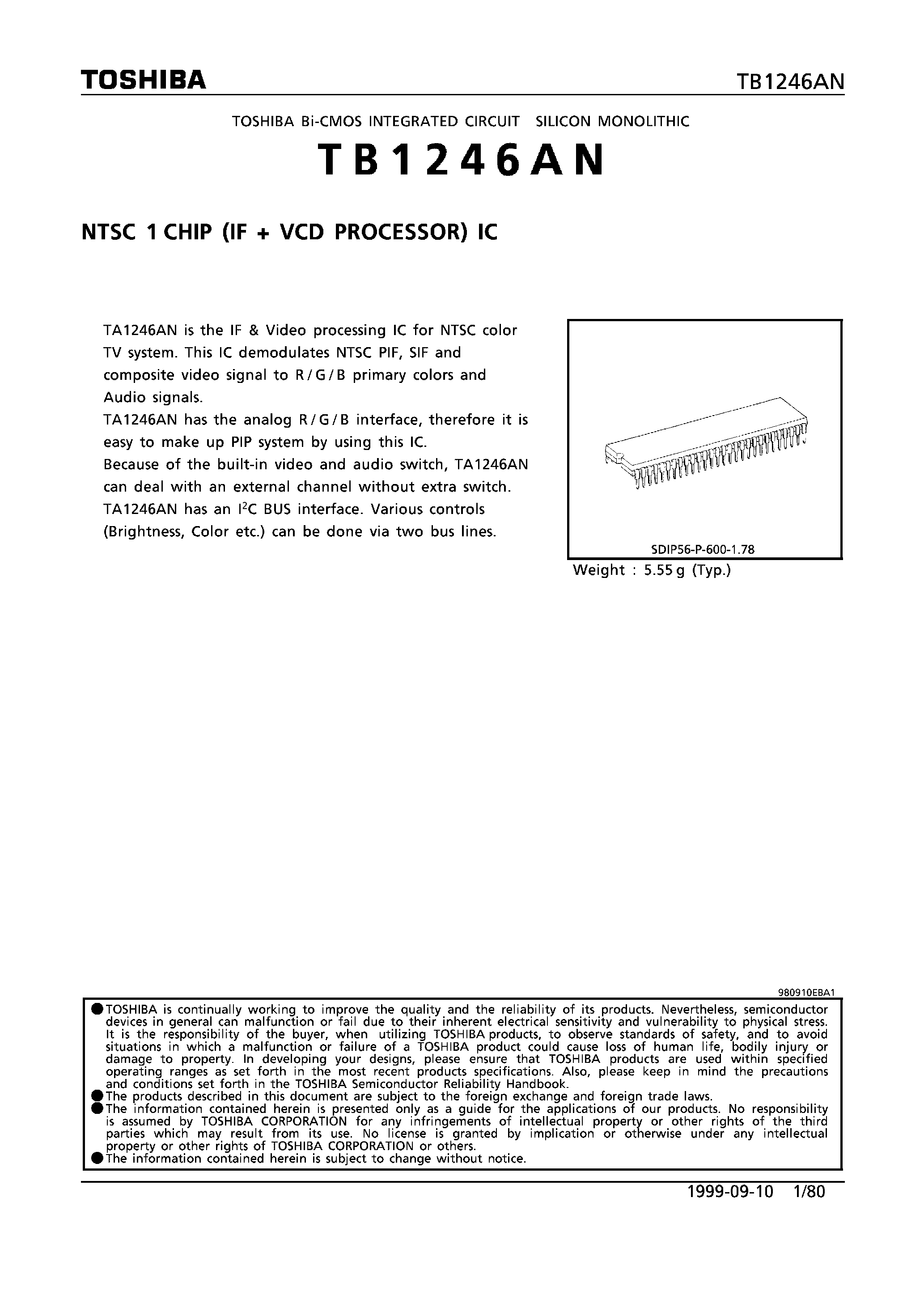 Даташит на микросхему TB1246AN страница 1 Даташит TB1246AN - NTSC 1 CHIP (IF + VCD PROCESSOR) IC страница 1