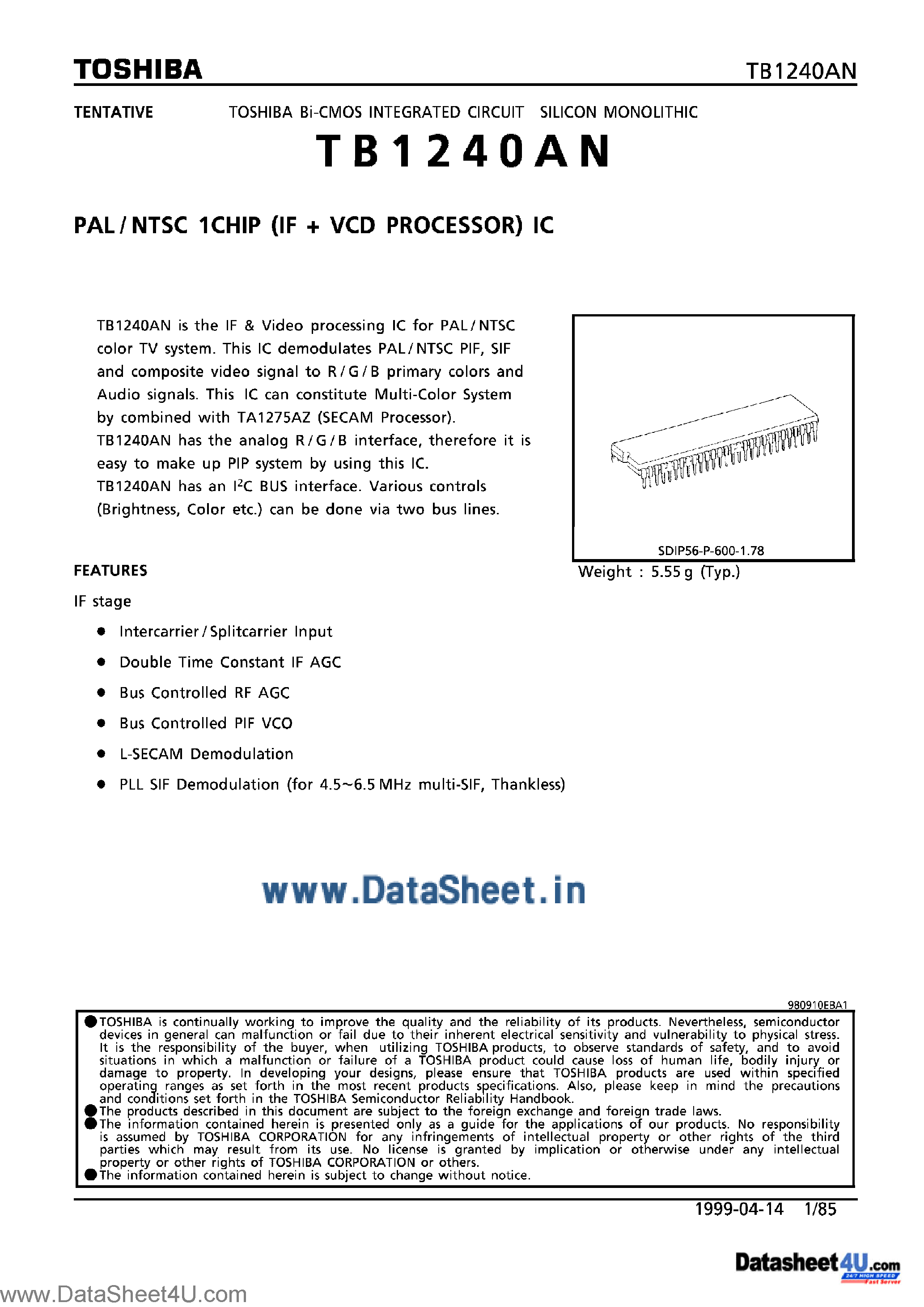 Даташит TB1240AN - PAL / NTSC 1-Chip IC страница 1