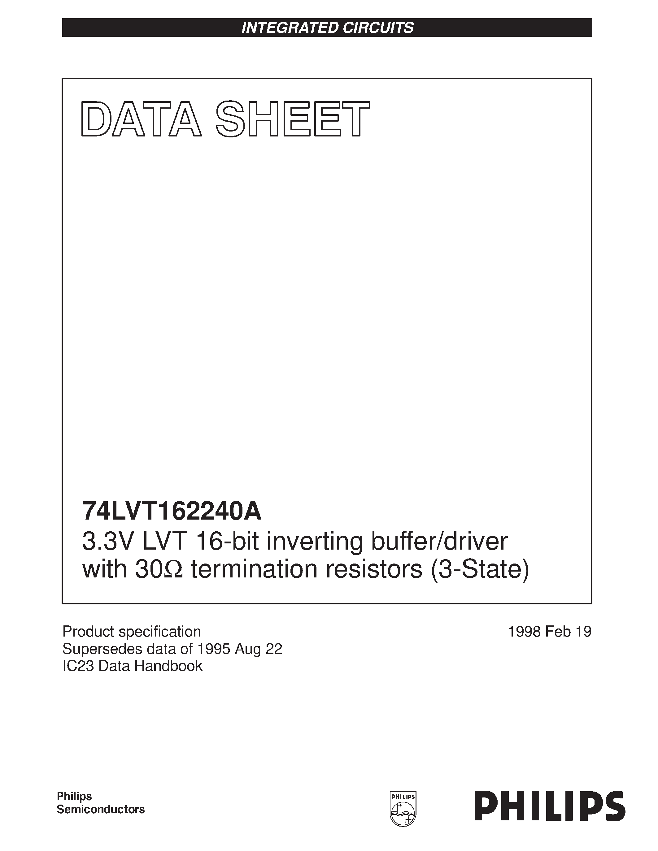 Даташит 74LVT162240A - 3.3V LVT 16-bit inverting buffer/driver with 30ohm termination resistors 3-State страница 1