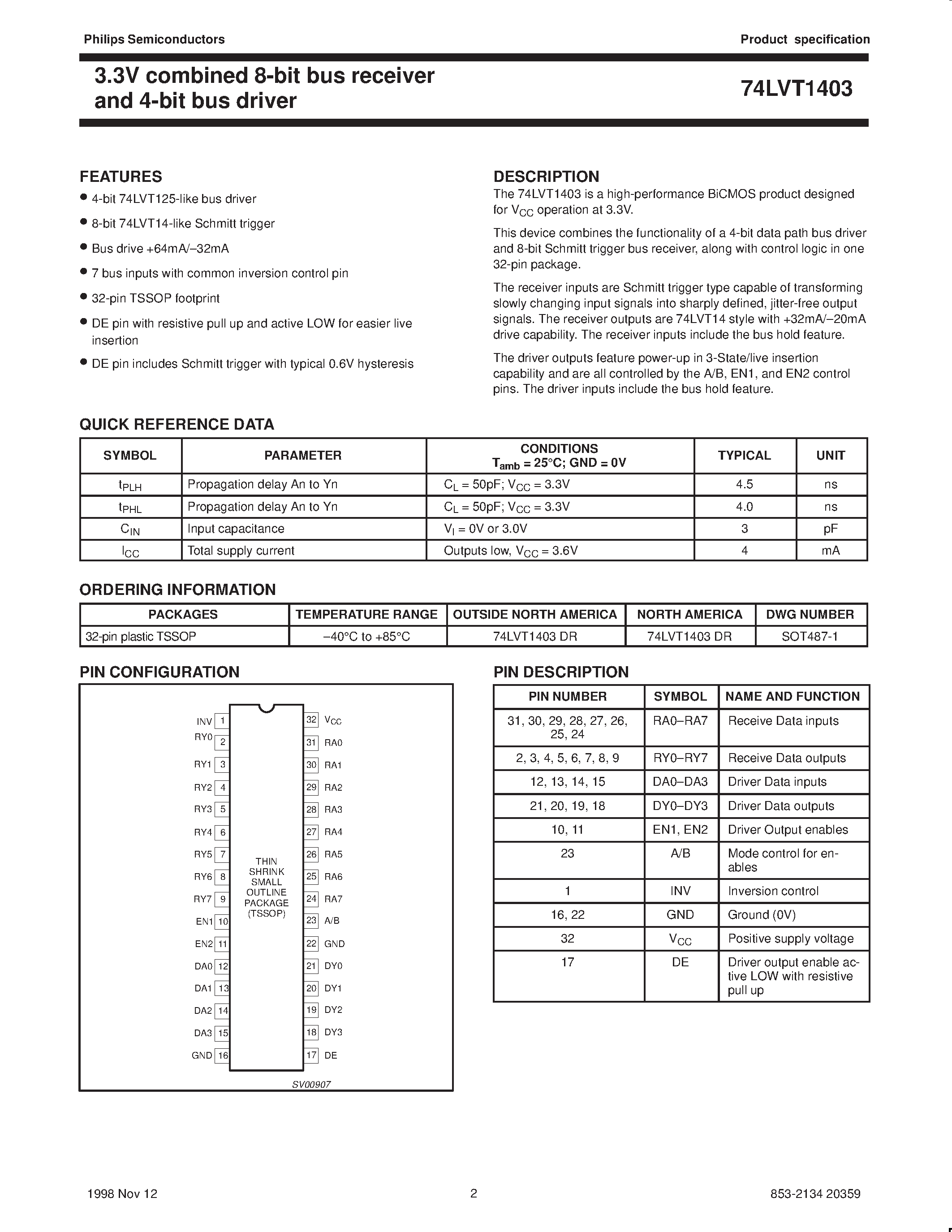 Даташит на микросхему 74LVT1403 страница 2 Даташит 74LVT1403 - 3.3V combined 8-bit bus receiver and 4-bit bus driver страница 2