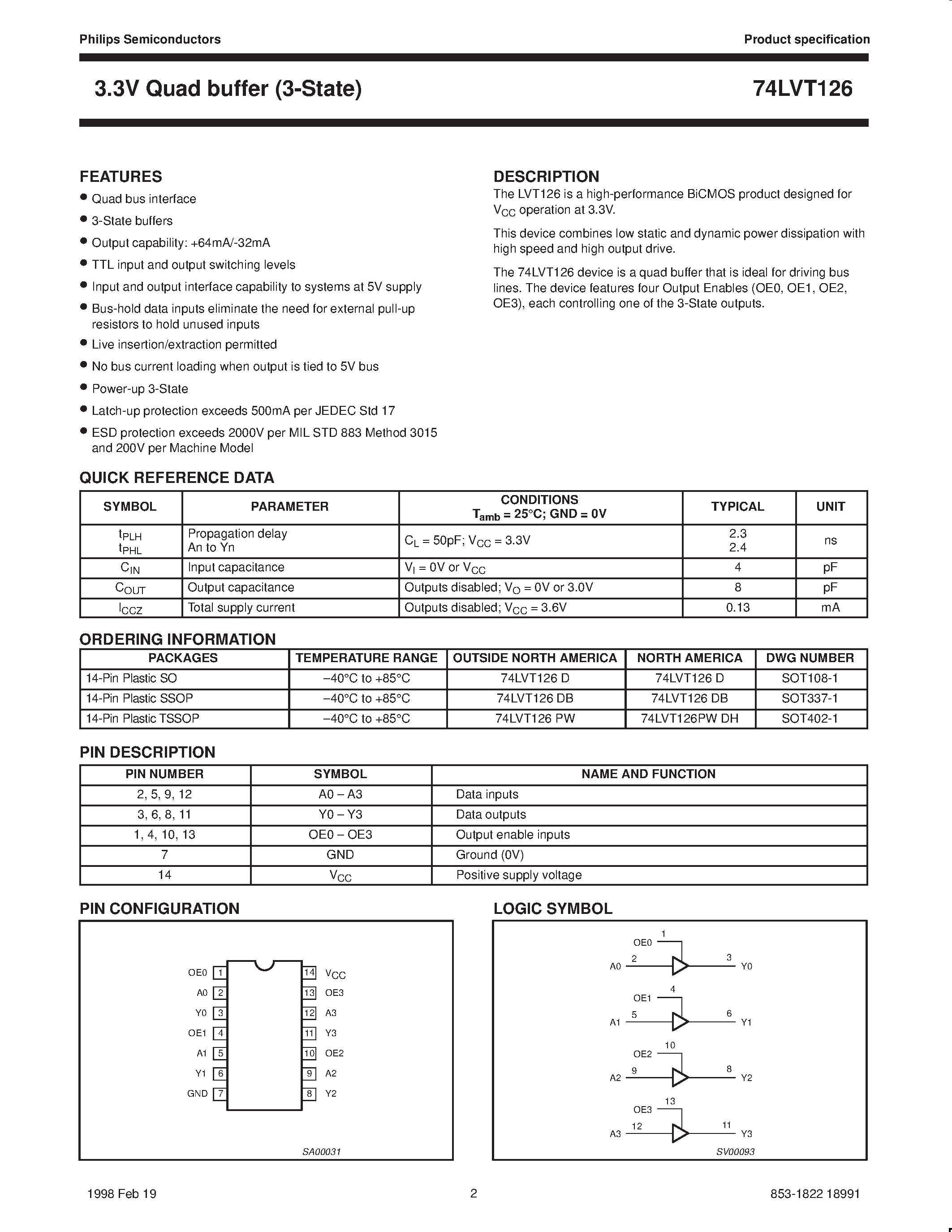 Datasheet 74LVT126 - 3.3V Quad buffer 3-State page 2