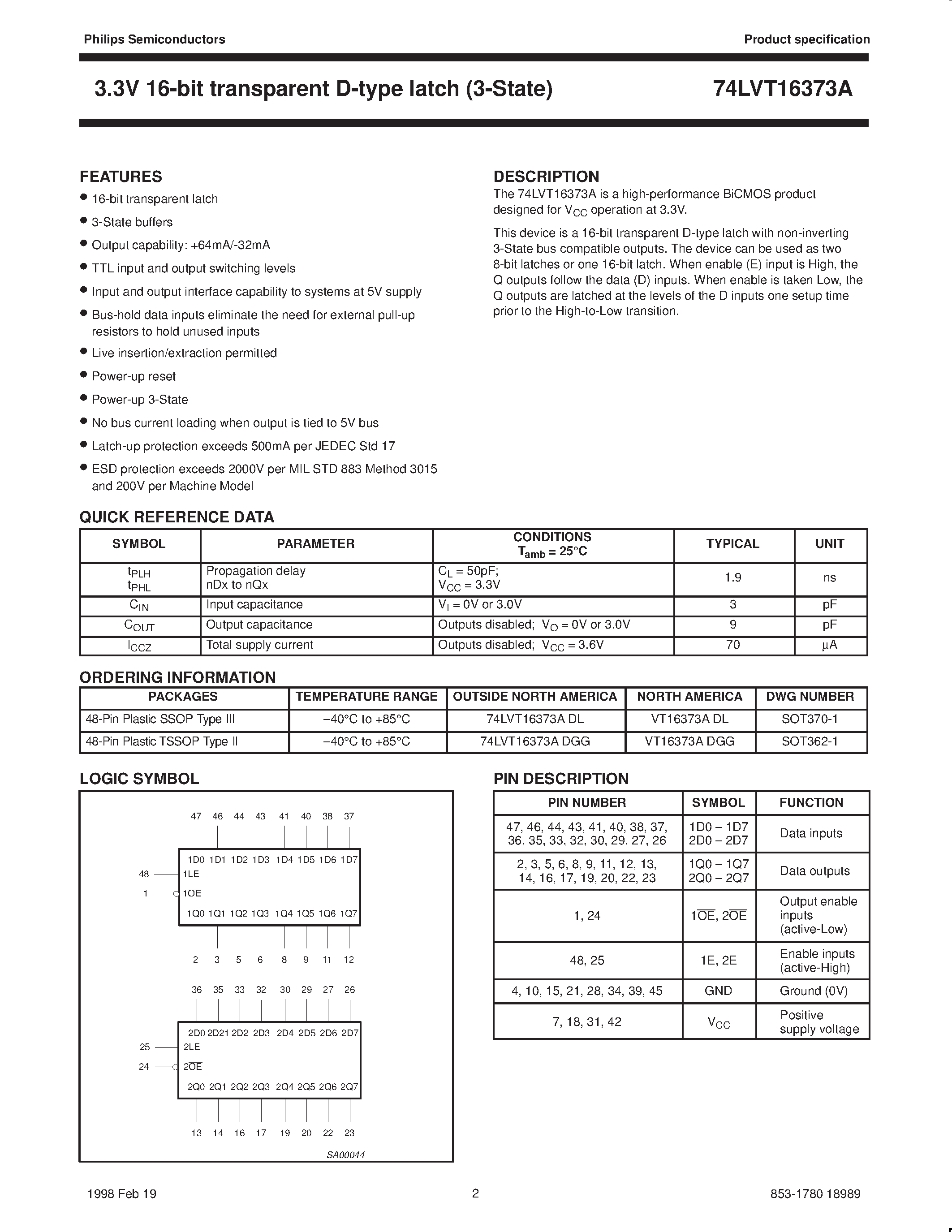 Даташит на микросхему 74LVT16373A страница 2 Даташит 74LVT16373A - 3.3V LVT 16-bit transparent D-type latch 3-State страница 2