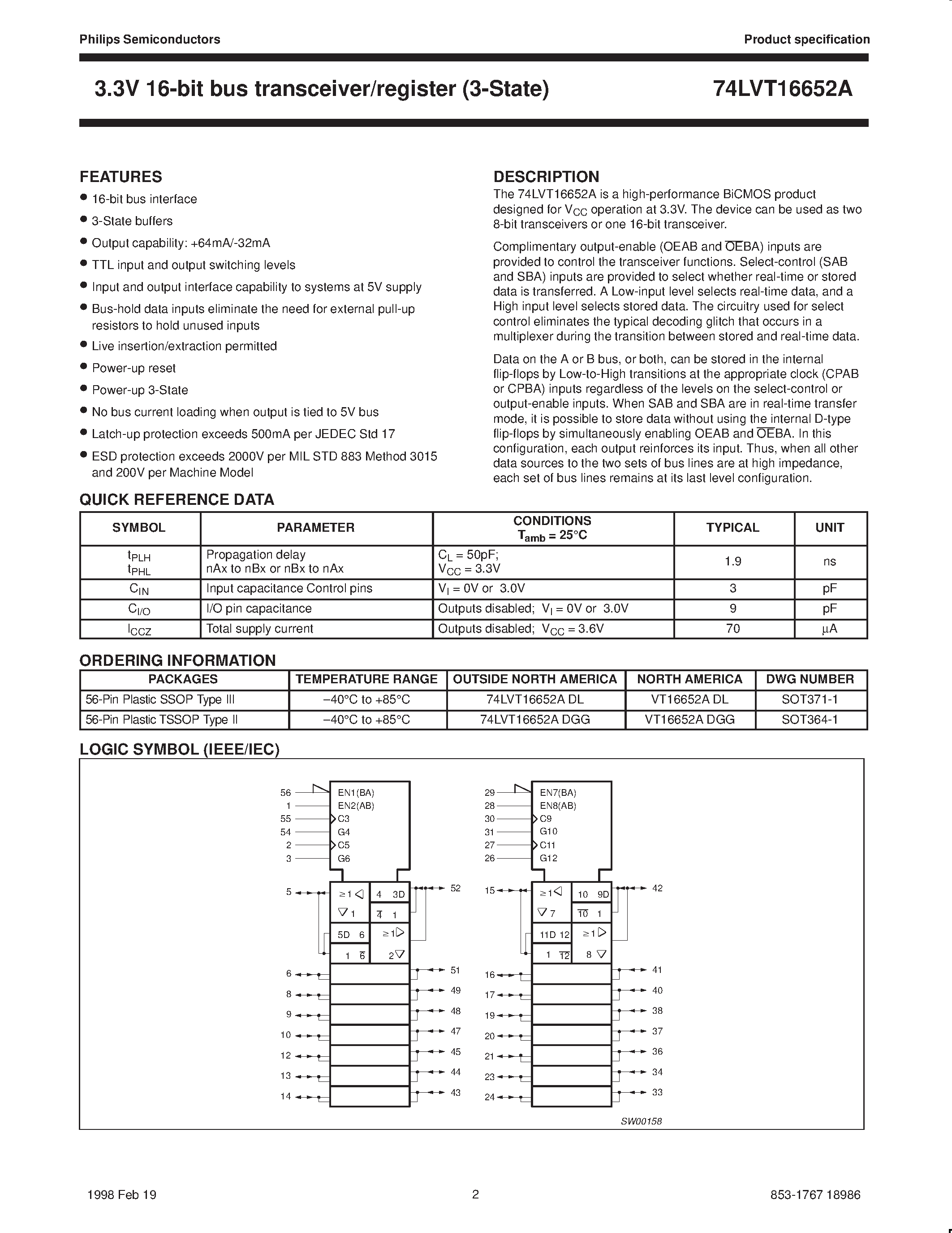 Даташит 74LVT16652A - 3.3V LVT 16-bit bus transceiver/ register 3-State страница 2
