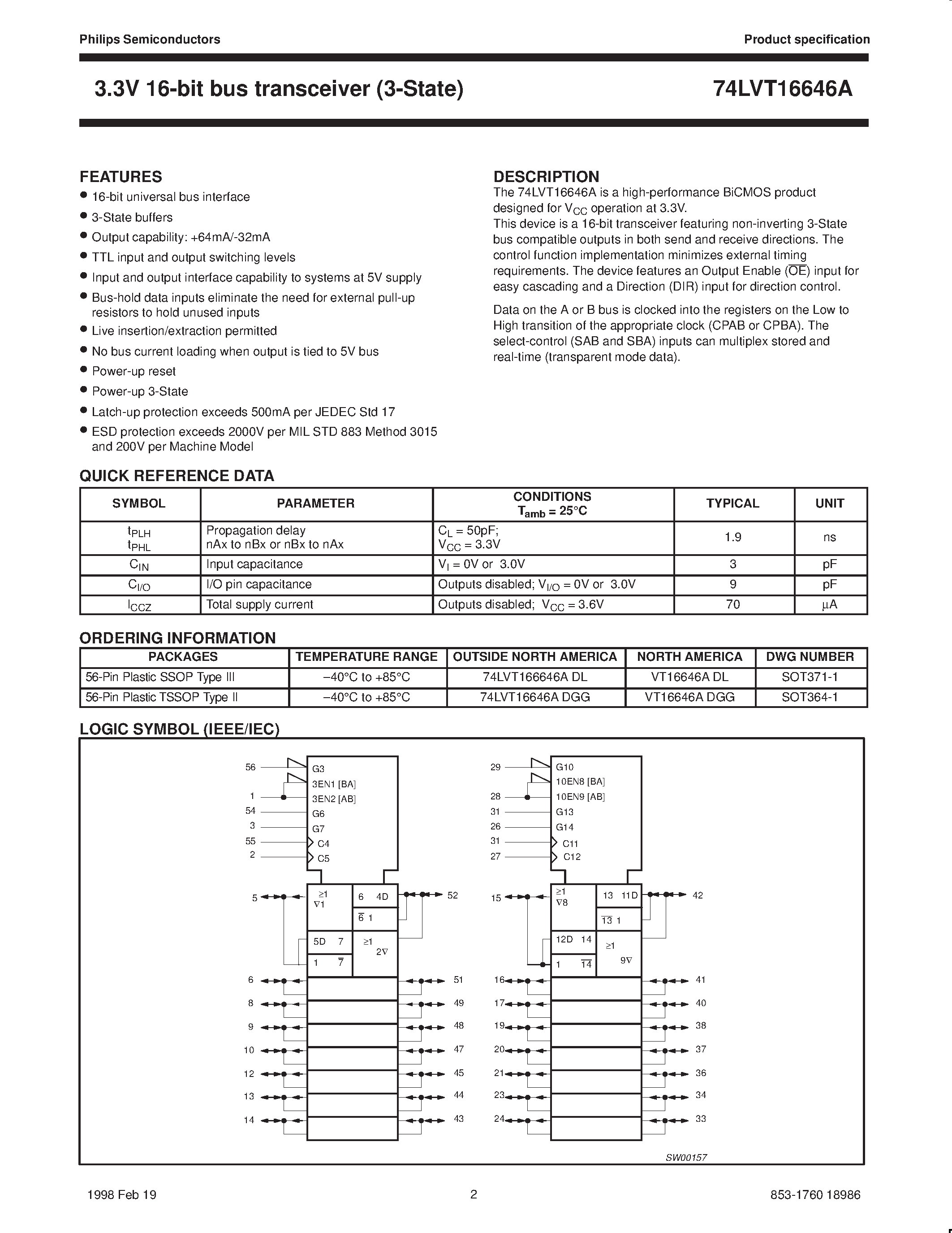 Даташит 74LVT16646A - 3.3V ABT 16-bit bus transceiver 3-State страница 2