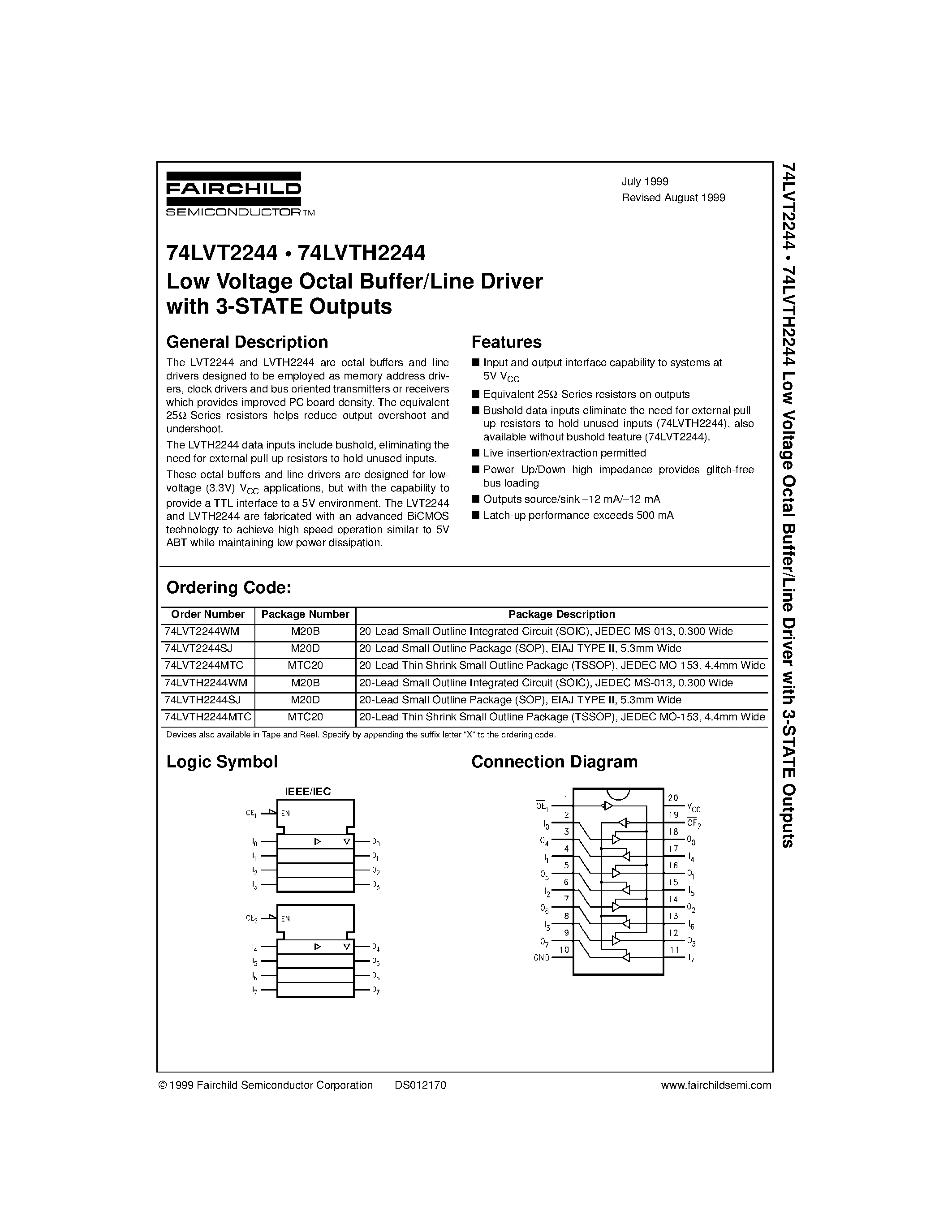 Datasheet 74LVT2244 page 1 Datasheet 74LVT2244 - Low Voltage Octal Buffer/Line Driver with 3-STATE Outputs page 1