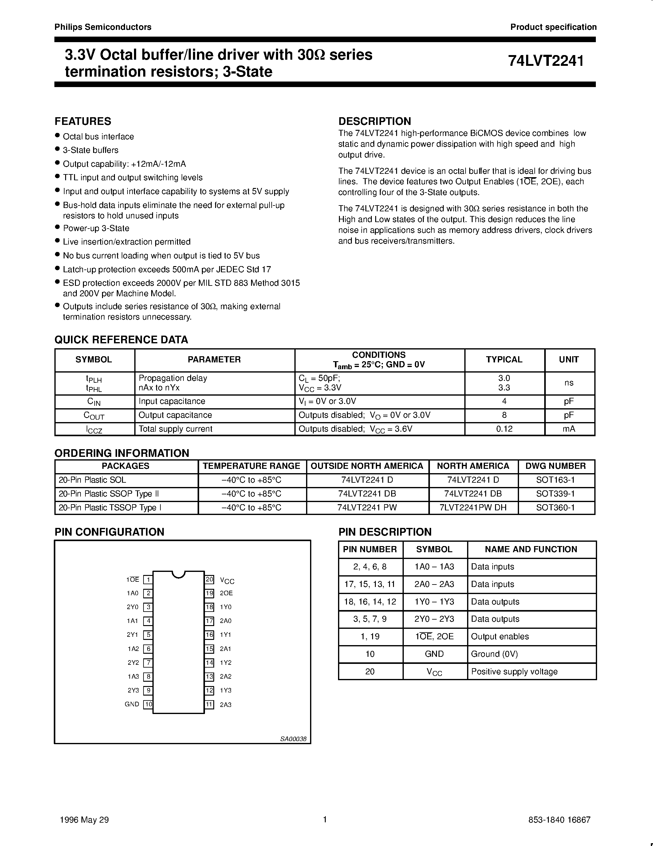 Даташит 74LVT2241 - 3.3V Octal buffer/line driver with 30ohm series termination resistors 3-State страница 1
