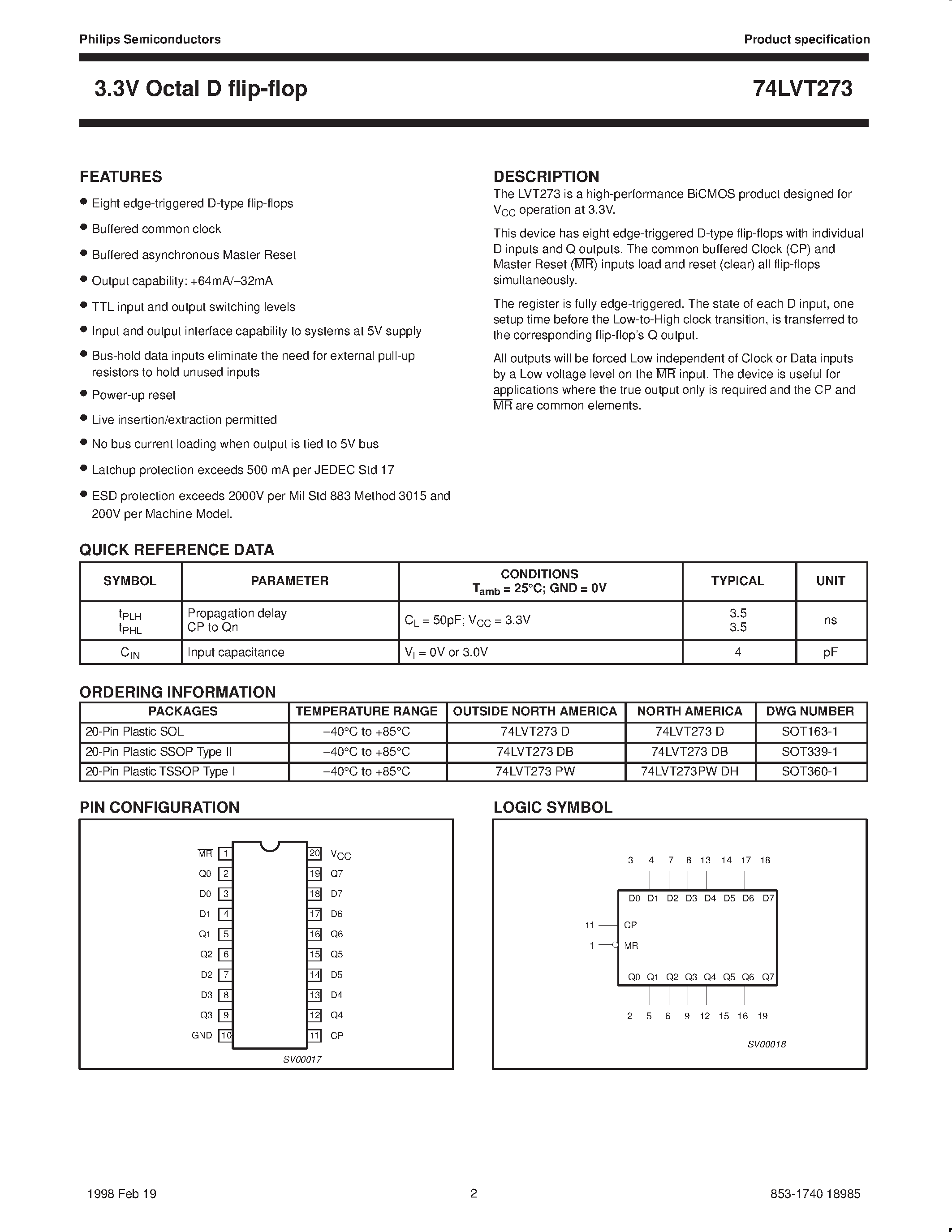 Datasheet 74LVT273 page 2 Datasheet 74LVT273 - 3.3V Octal D flip-flop page 2