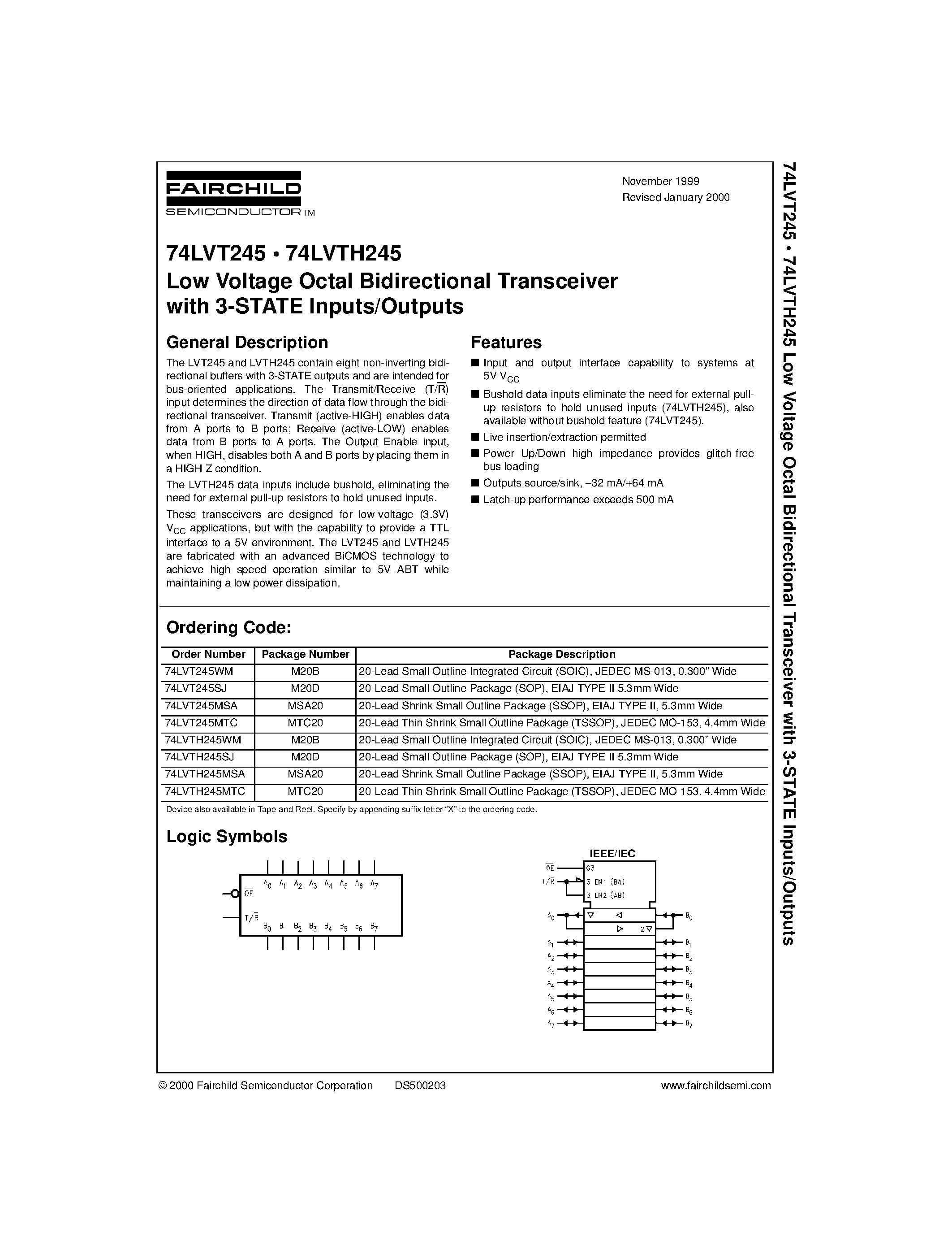 Даташит 74LVT245 - Low Voltage Octal Bidirectional Transceiver with 3-STATE Inputs/Outputs страница 1