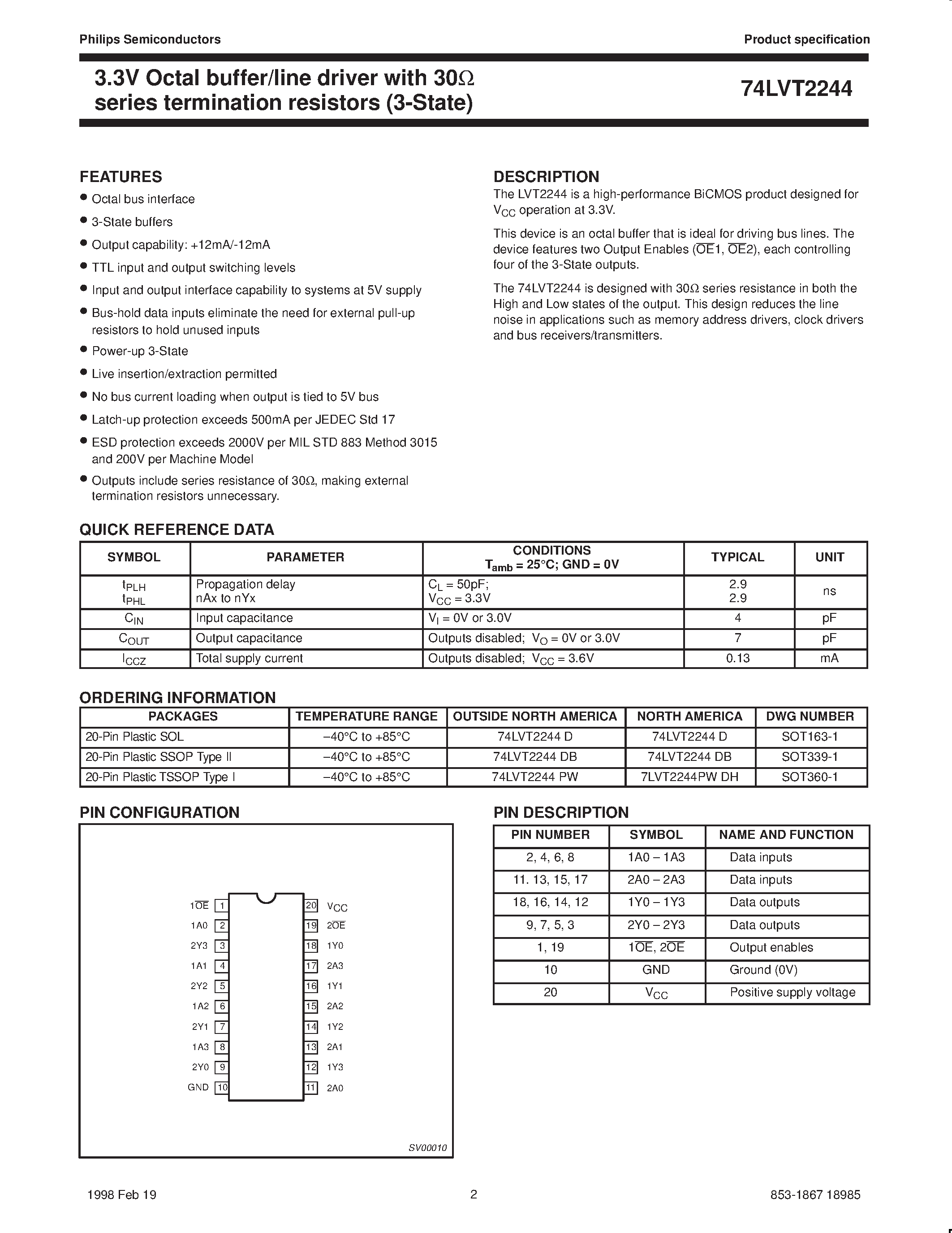 Даташит 74LVT2244 - 3.3V Octal buffer/line driver with 30ohm series termination resistors 3-State страница 2