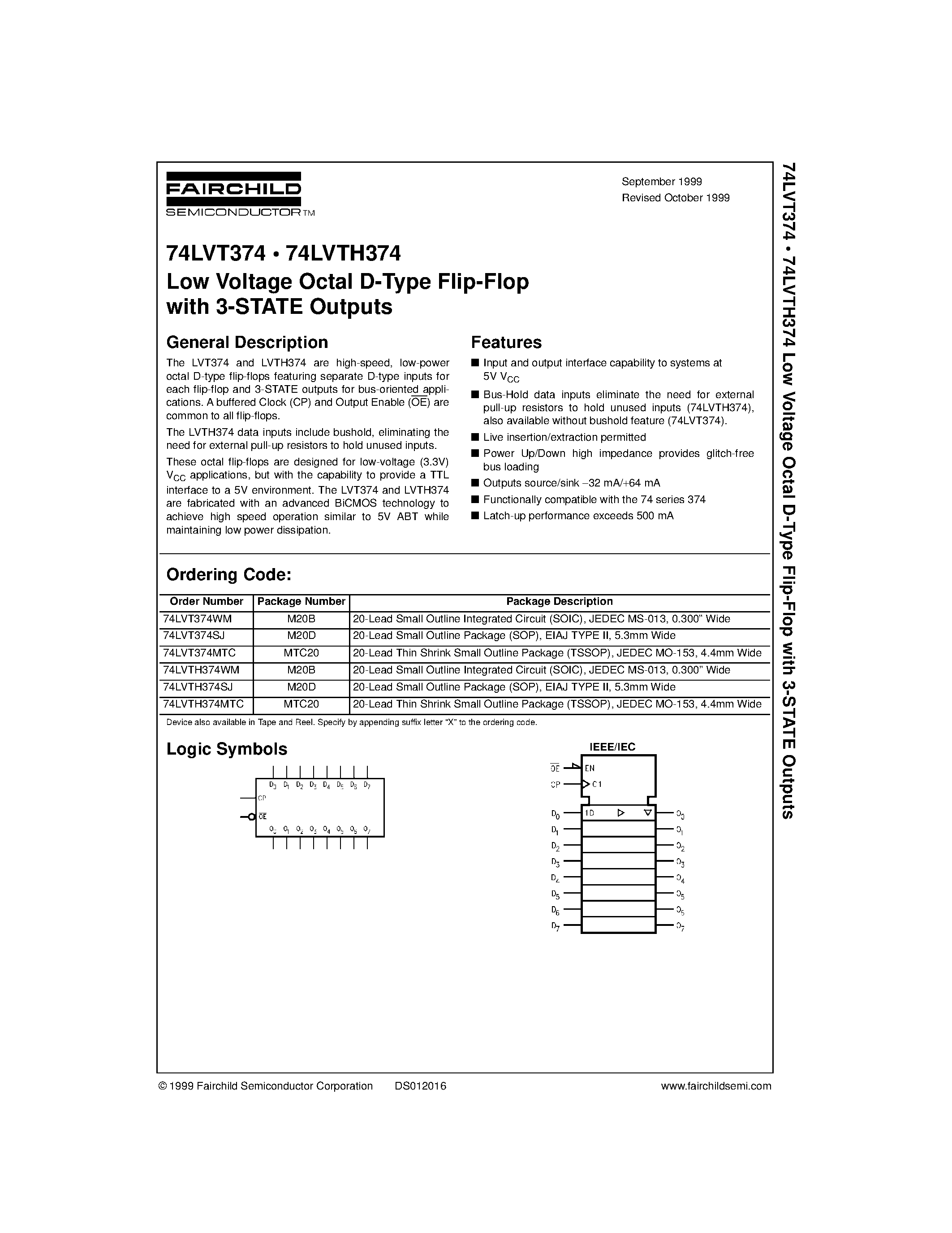Datasheet 74LVT374 - Low Voltage Octal D-Type Flip-Flop with 3-STATE Outputs page 1