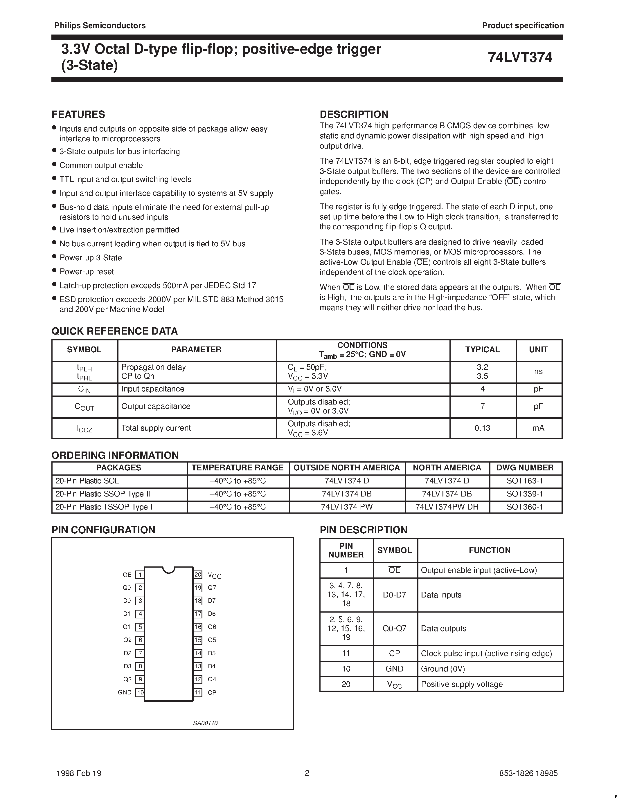 Datasheet 74LVT374 - 3.3V Octal D-type flip-flop positive-edge trigger 3-State page 2