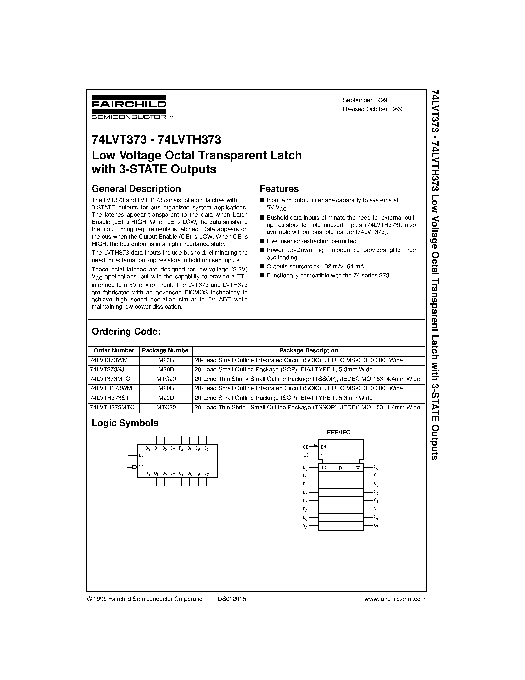 Datasheet 74LVT373 - Low Voltage Octal Transparent Latch with 3-STATE Outputs page 1