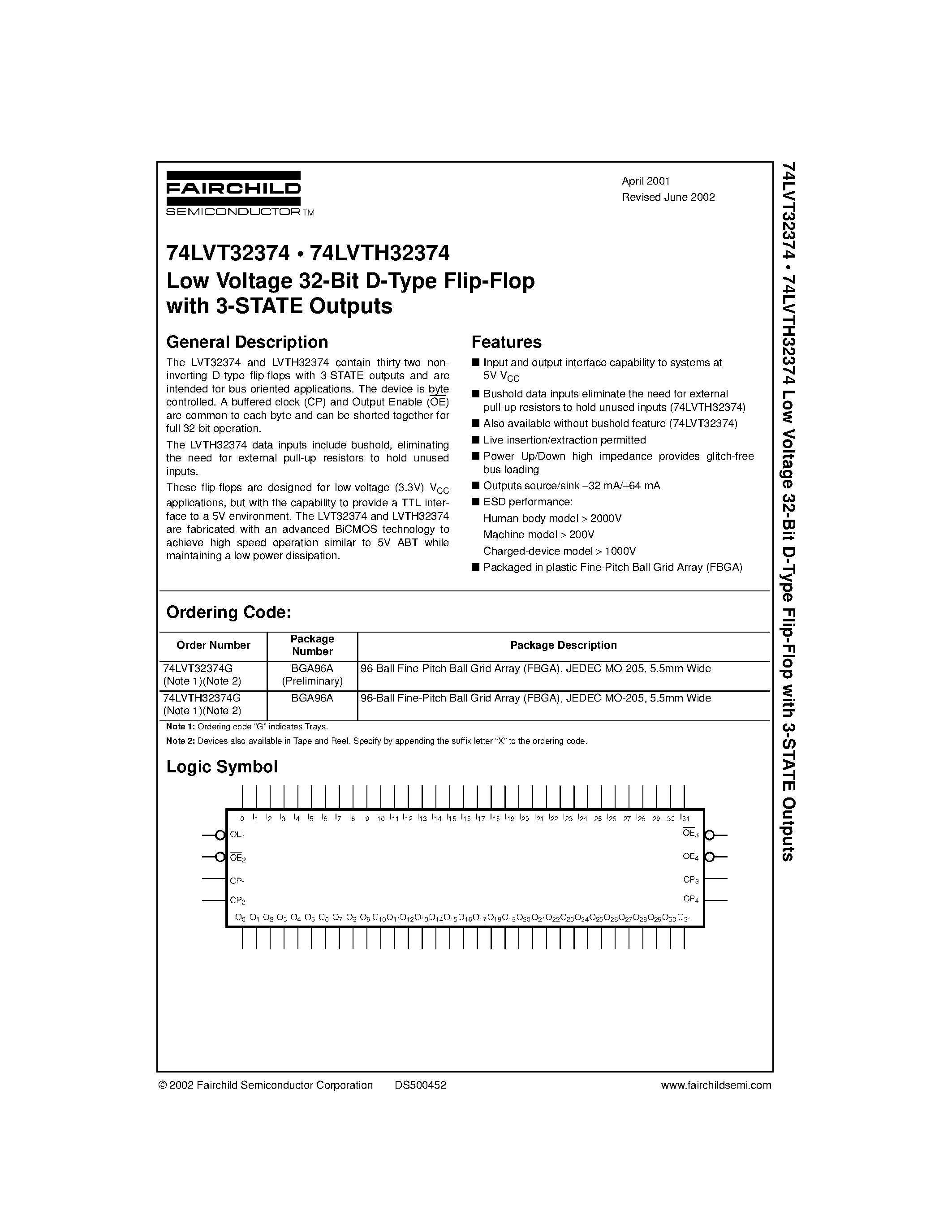 Datasheet 74LVT32374 page 1 Datasheet 74LVT32374 - Low Voltage 32-Bit D-Type Flip-Flop with 3-STATE Outputs page 1