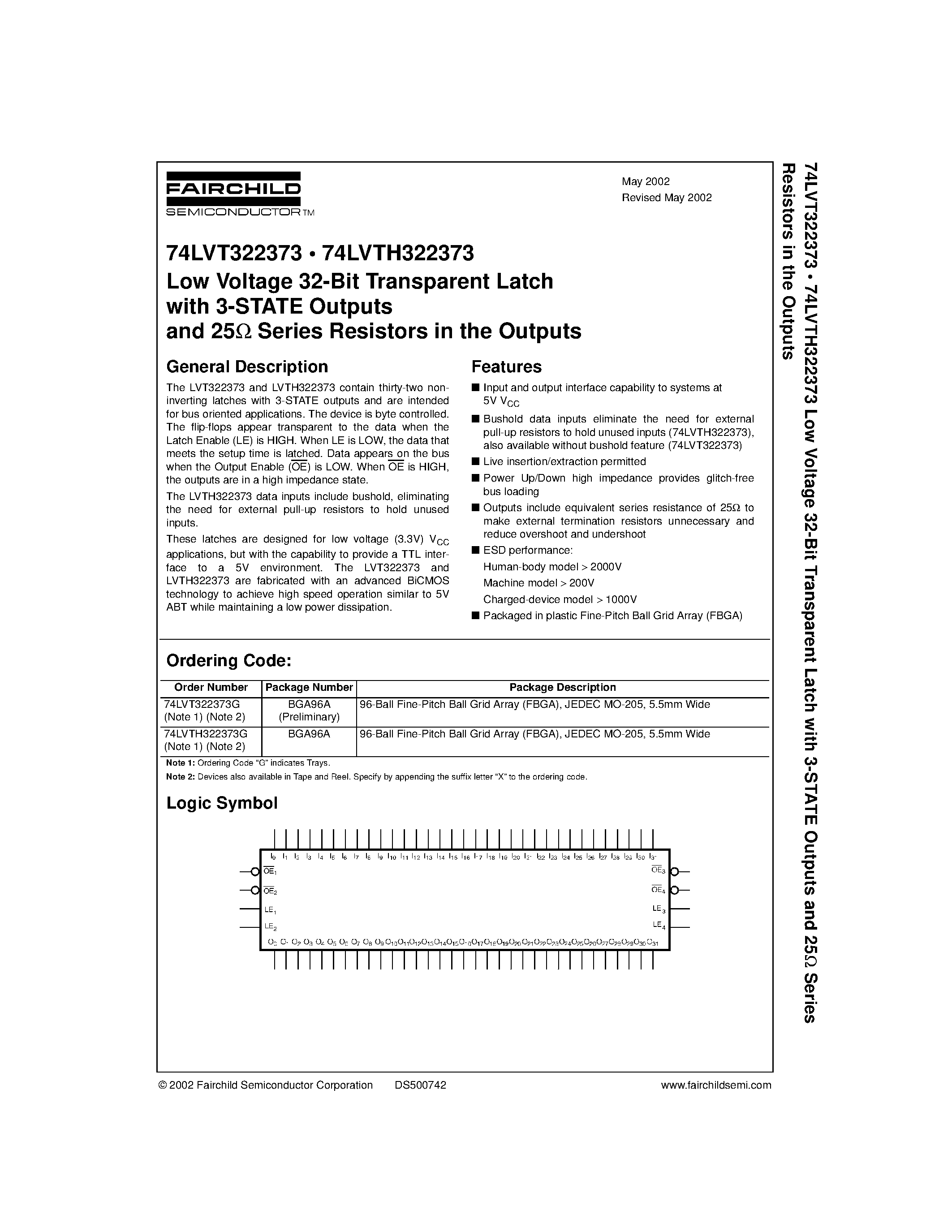 Datasheet 74LVT322373 - Low Voltage 32-Bit Transparent Latch with 3-STATE Outputs and 25ohm Series Resistors in the Outputs page 1