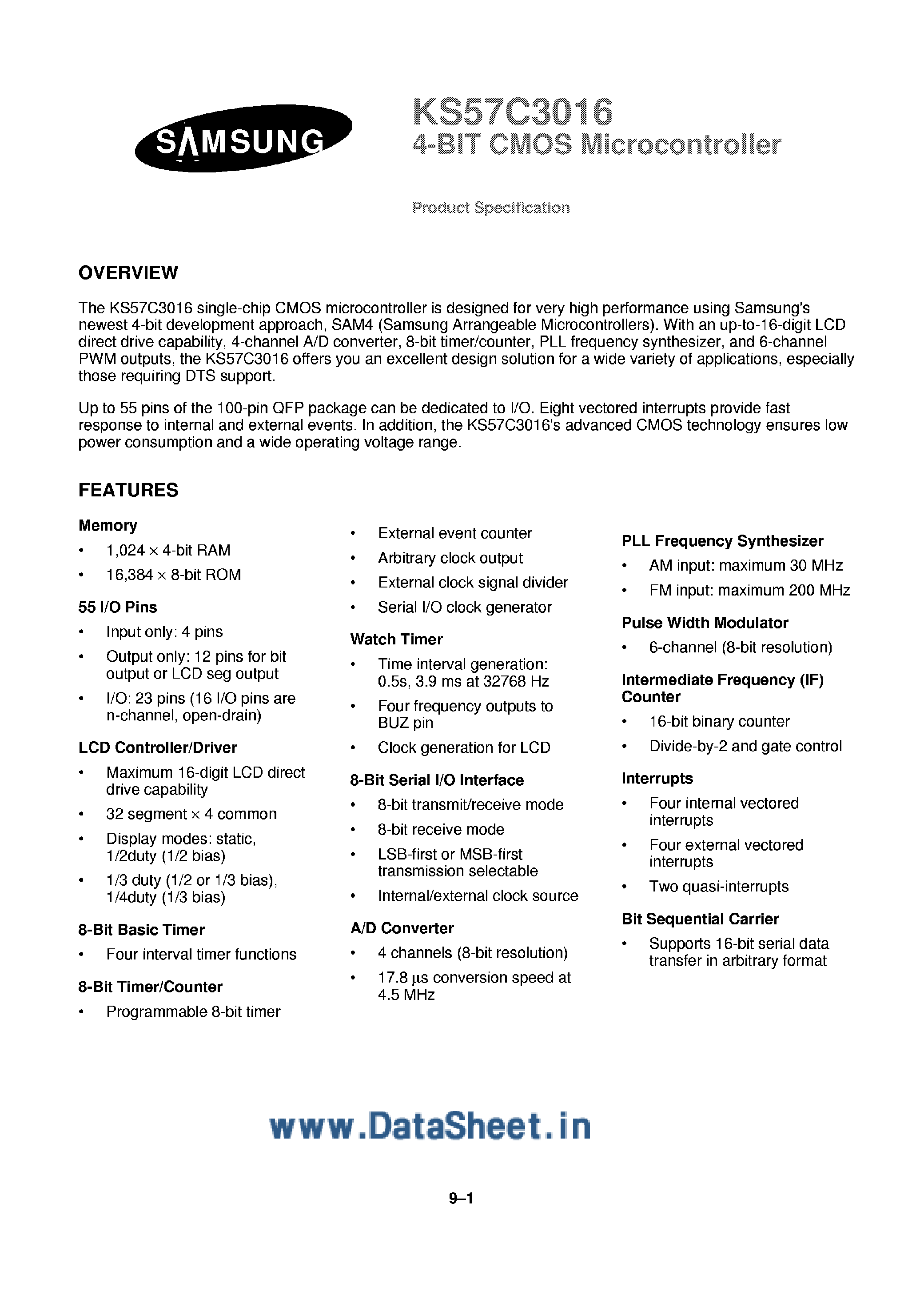 Datasheet KS57C3016 - 4-Bit single-chip CMOS microcontroller page 1