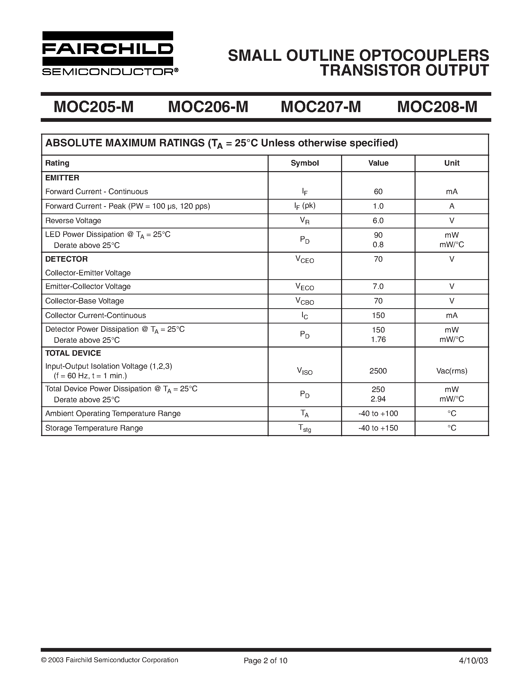 Даташит MOC205 - (MOC205 - MOC208) SMALL OUTLINE OPTOCOUPLERS TRANSISTOR OUTPUT страница 2