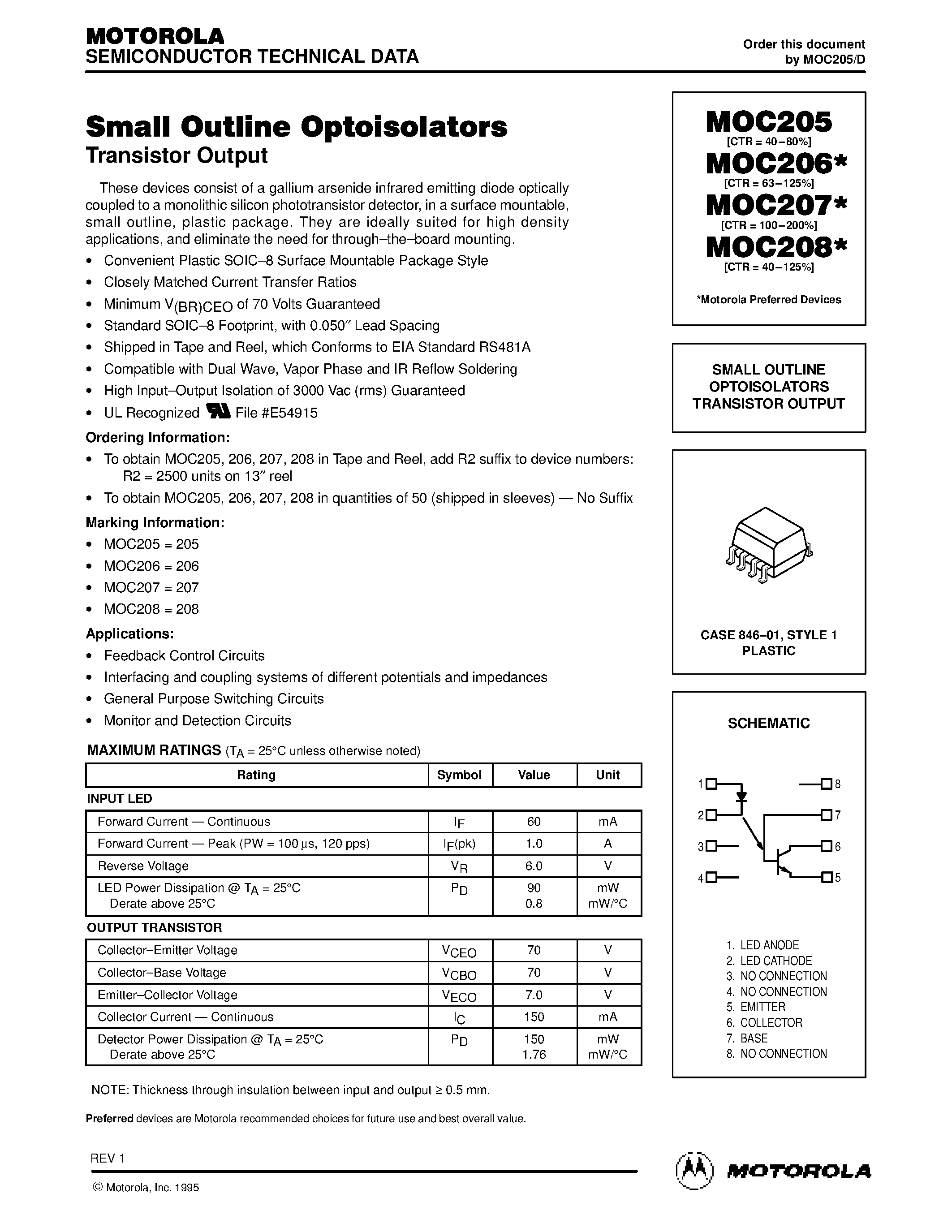Даташит MOC205 - (MOC205 - MOC208) SMALL OUTLINE OPTOISOLATORS TRANSISTOR OUTPUT страница 1