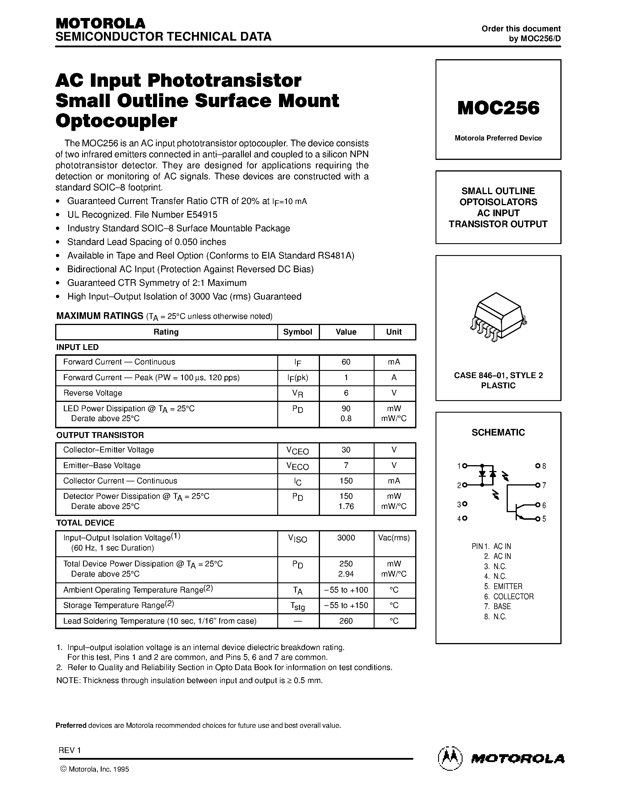 Datasheet MOC256 - SMALL OUTLINE OPTOISOLATORS AC INPUT TRANSISTOR OUTPUT page 1