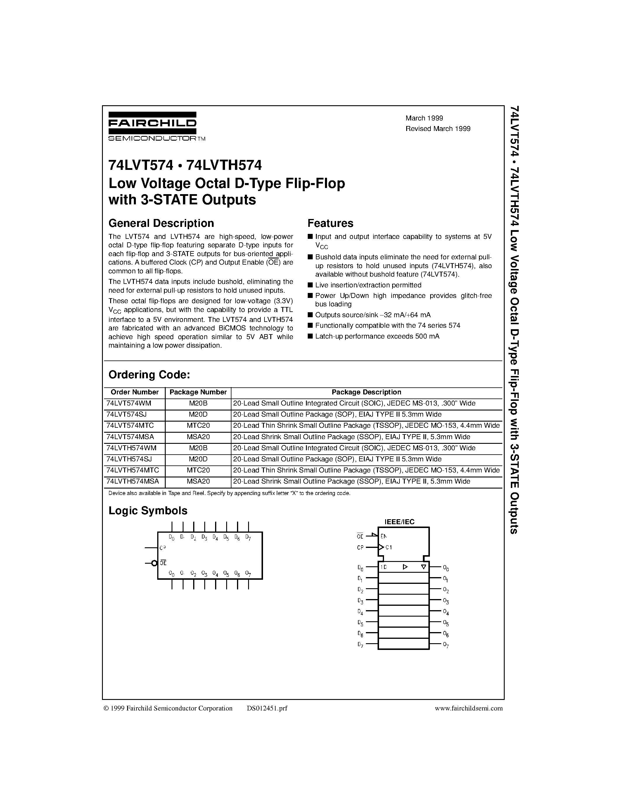 Datasheet 74LVT574 - Low Voltage Octal D-Type Flip-Flop with 3-STATE Outputs page 1