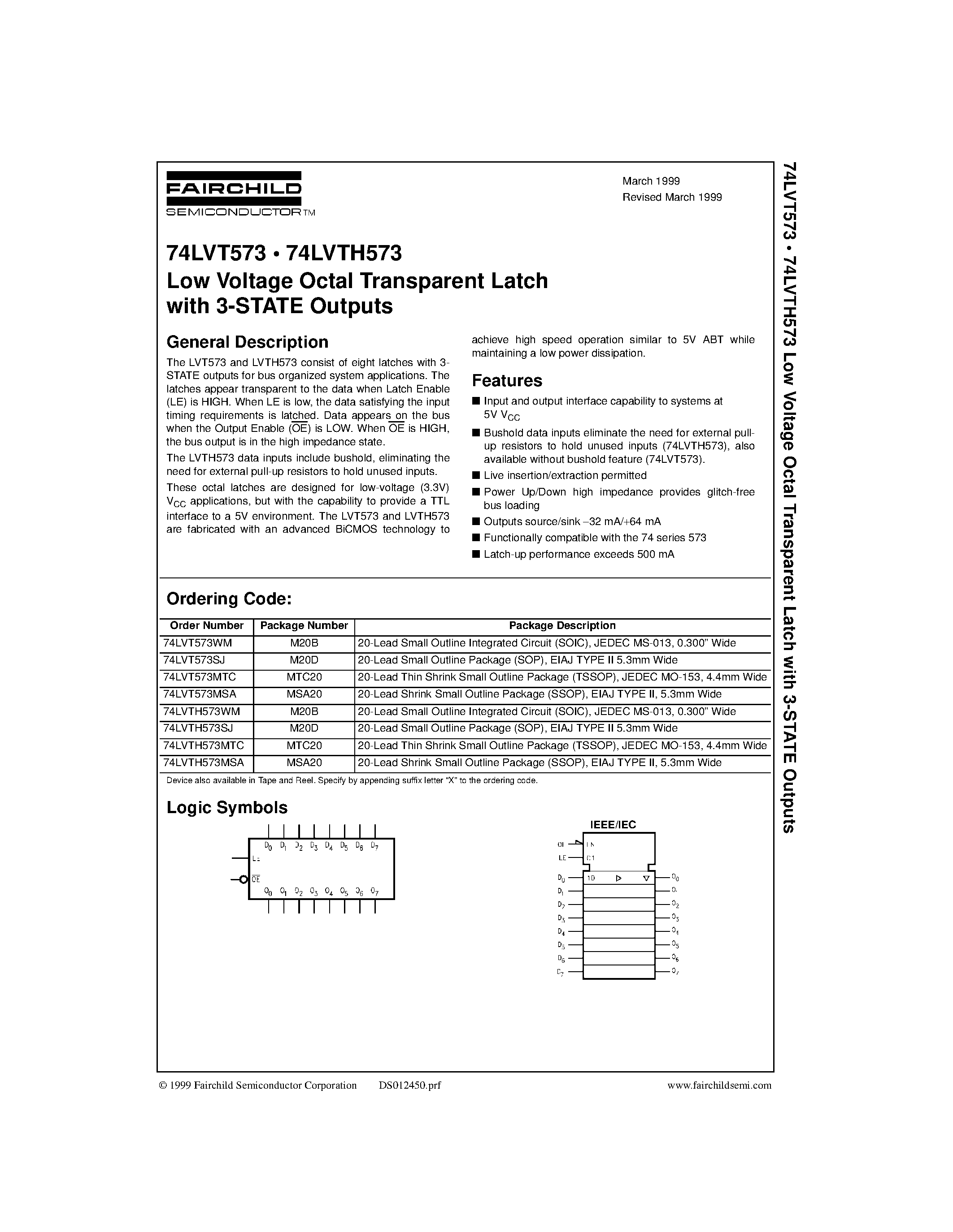 Даташит 74LVT573 - Low Voltage Octal Transparent Latch with 3-STATE Outputs страница 1