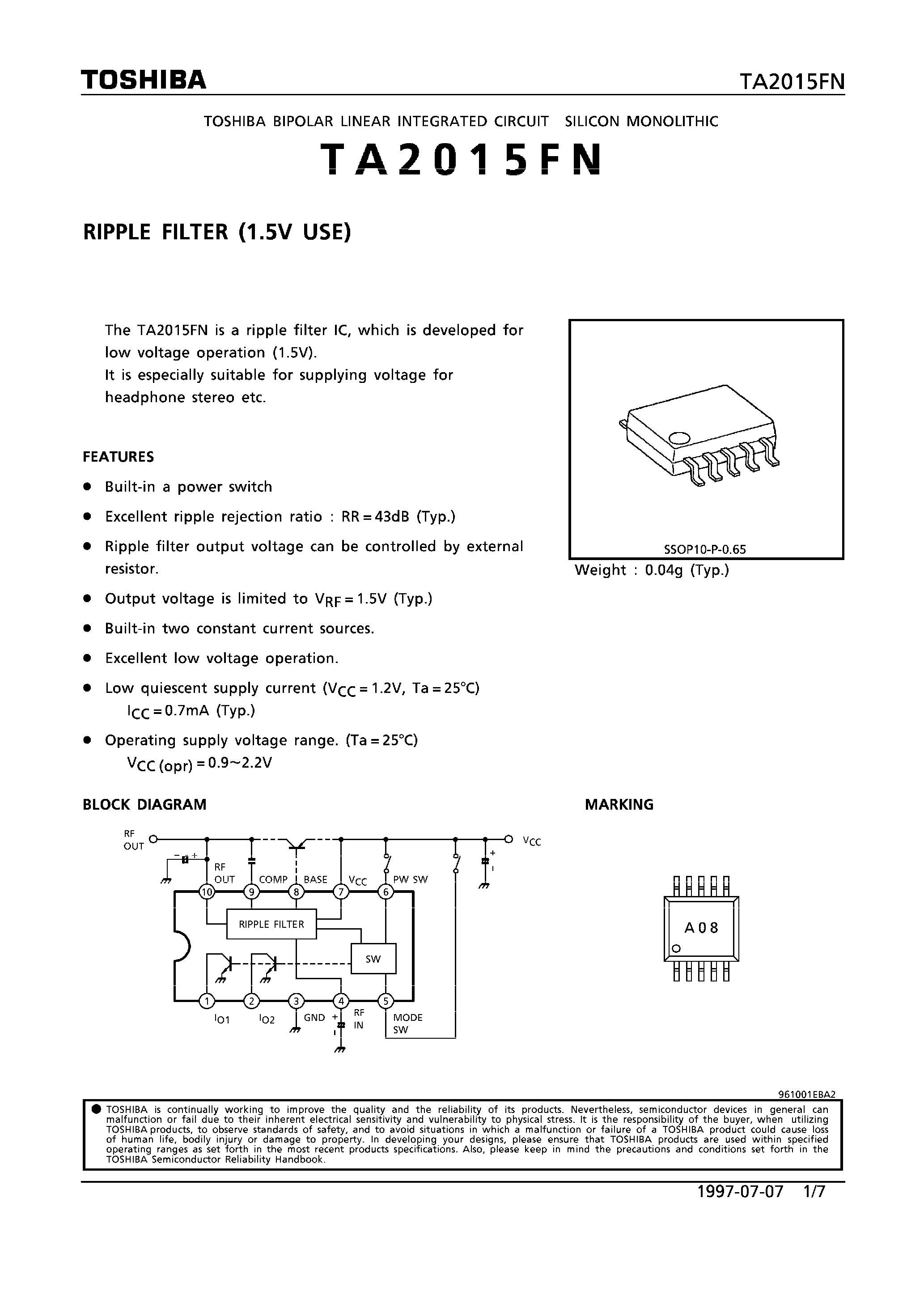 Datasheet TA2015FN - RIPPLE FILTER (1.5V USE) page 1