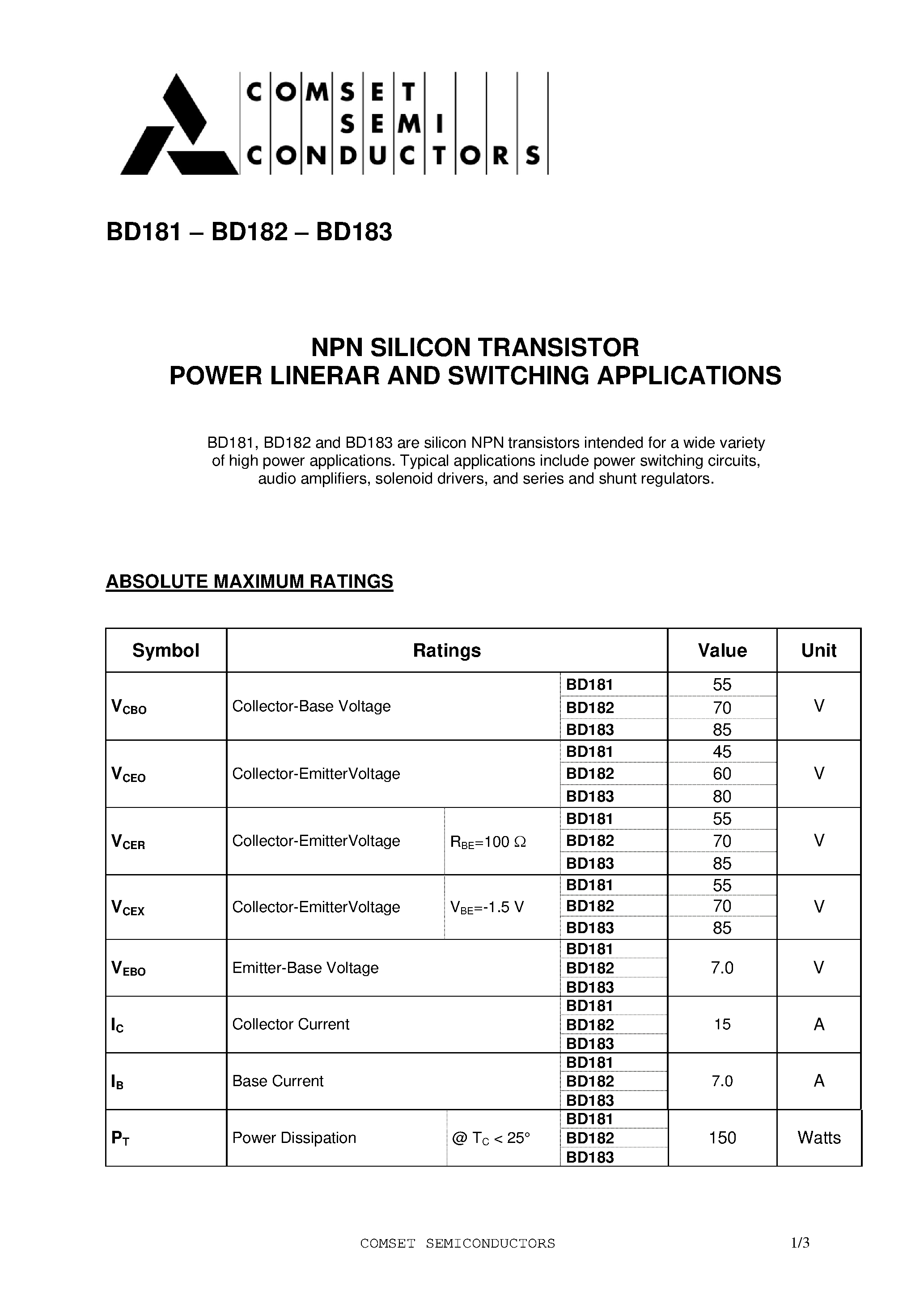 Даташит на микросхему BD181 страница 1 Даташит BD181 - (BD181 - BD183) NPN Silicon Transistor / Power Liner and Switching Applications страница 1