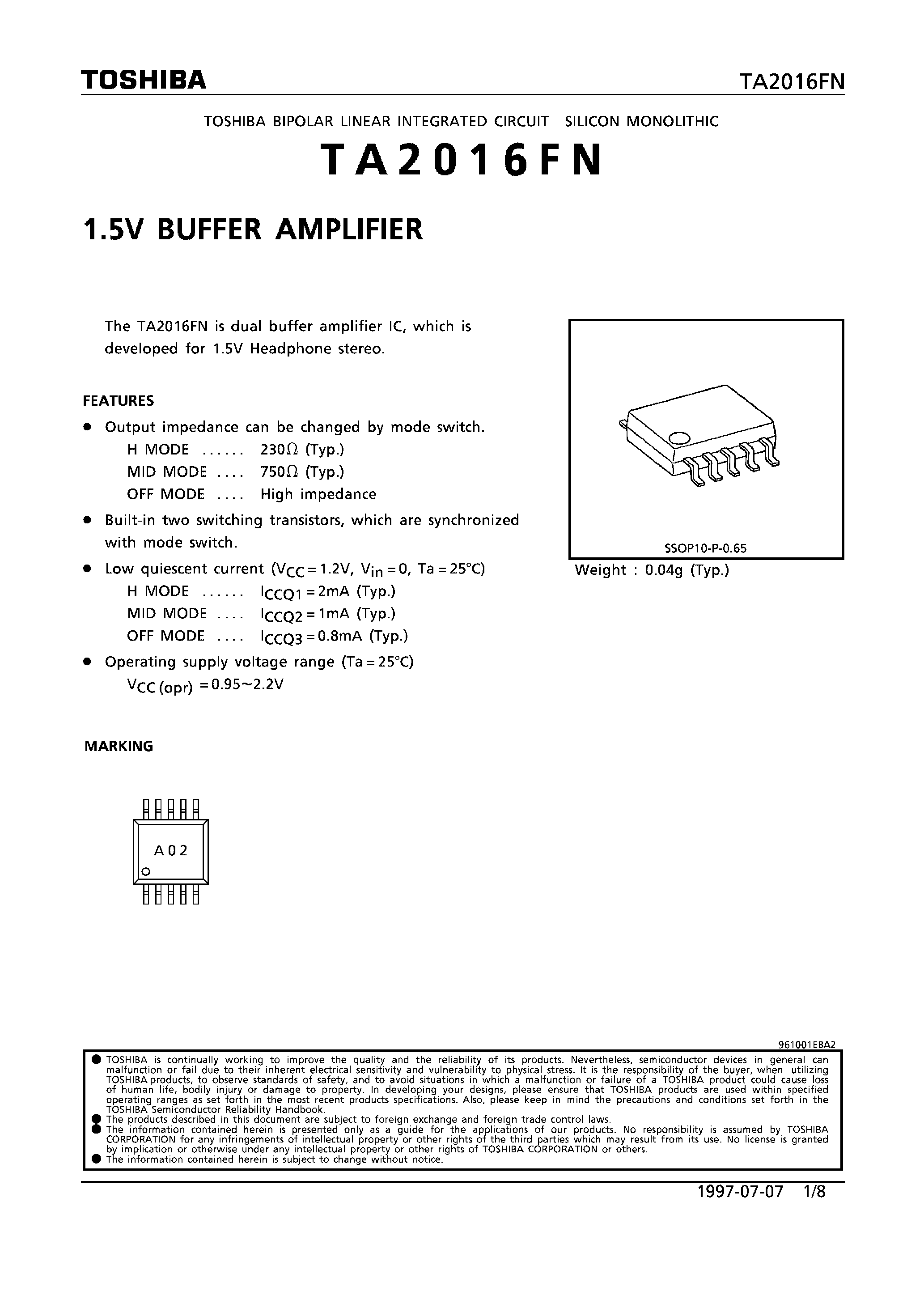 Datasheet TA2016FN - 1.5V BUFFER AMPLIFIER page 1