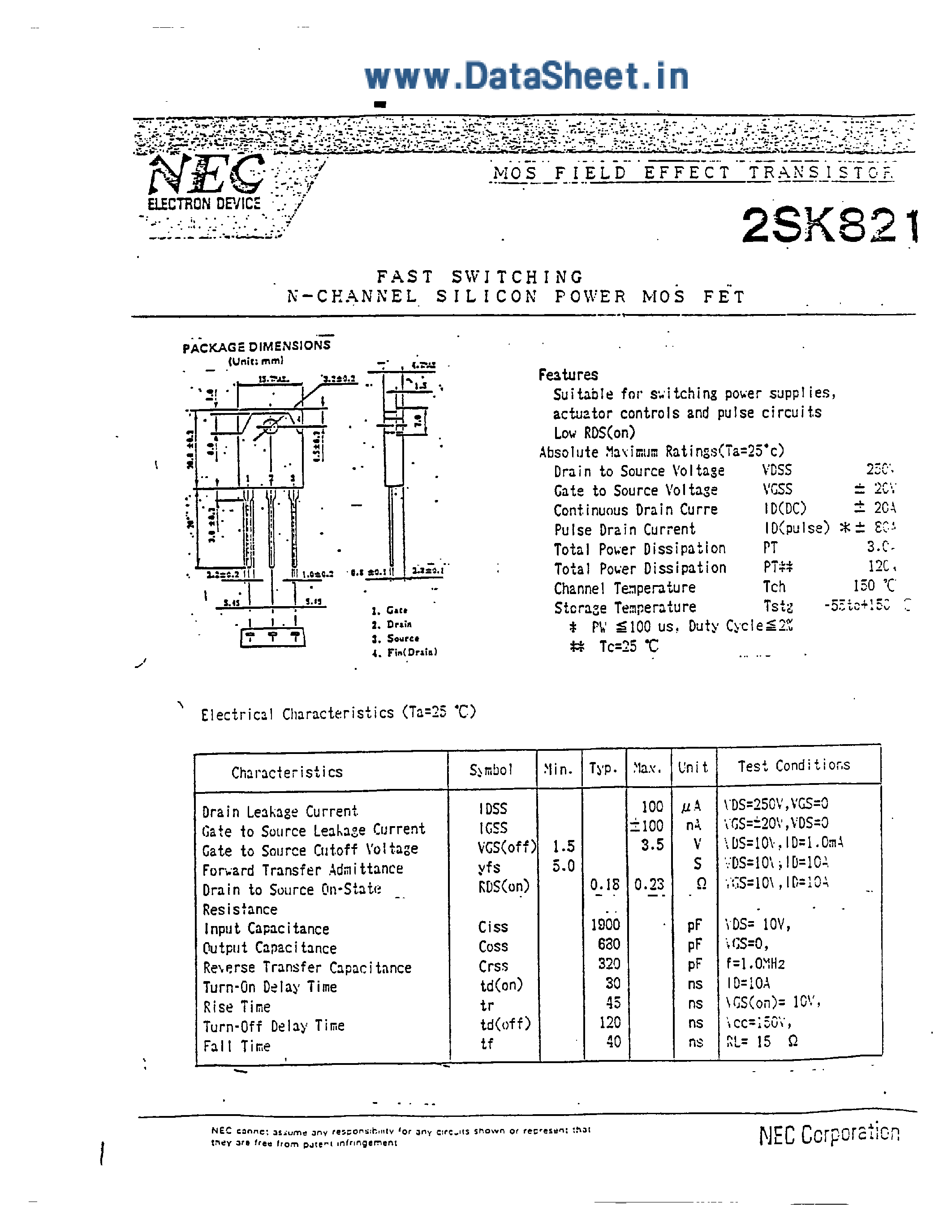 Datasheet 2SK821 - FAST SWITCHING N-CHANNEL SILICON POWER MOSFET page 1