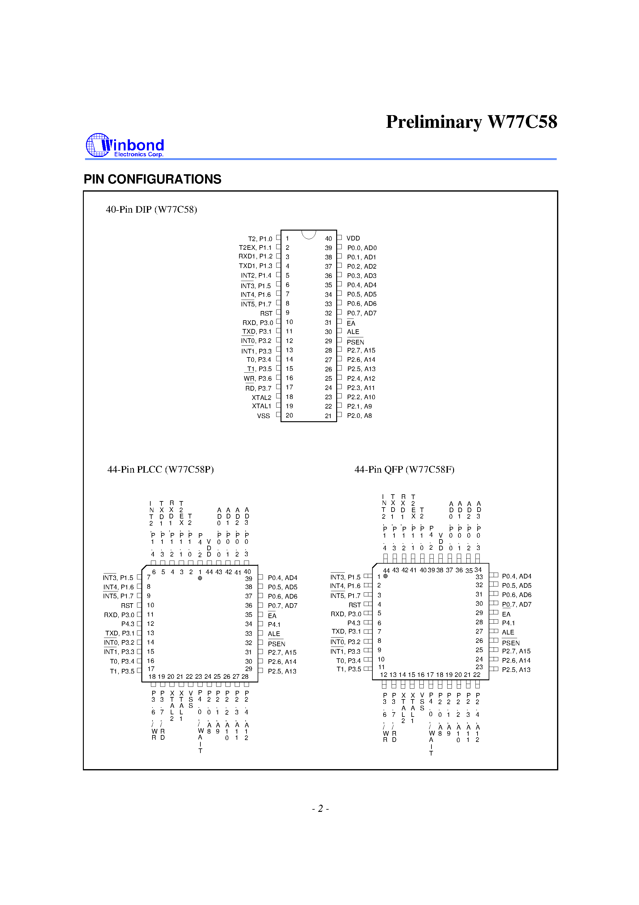 Даташит на микросхему W77C58 страница 2 Даташит W77C58 - 8 BIT MICROCONTROLLER страница 2