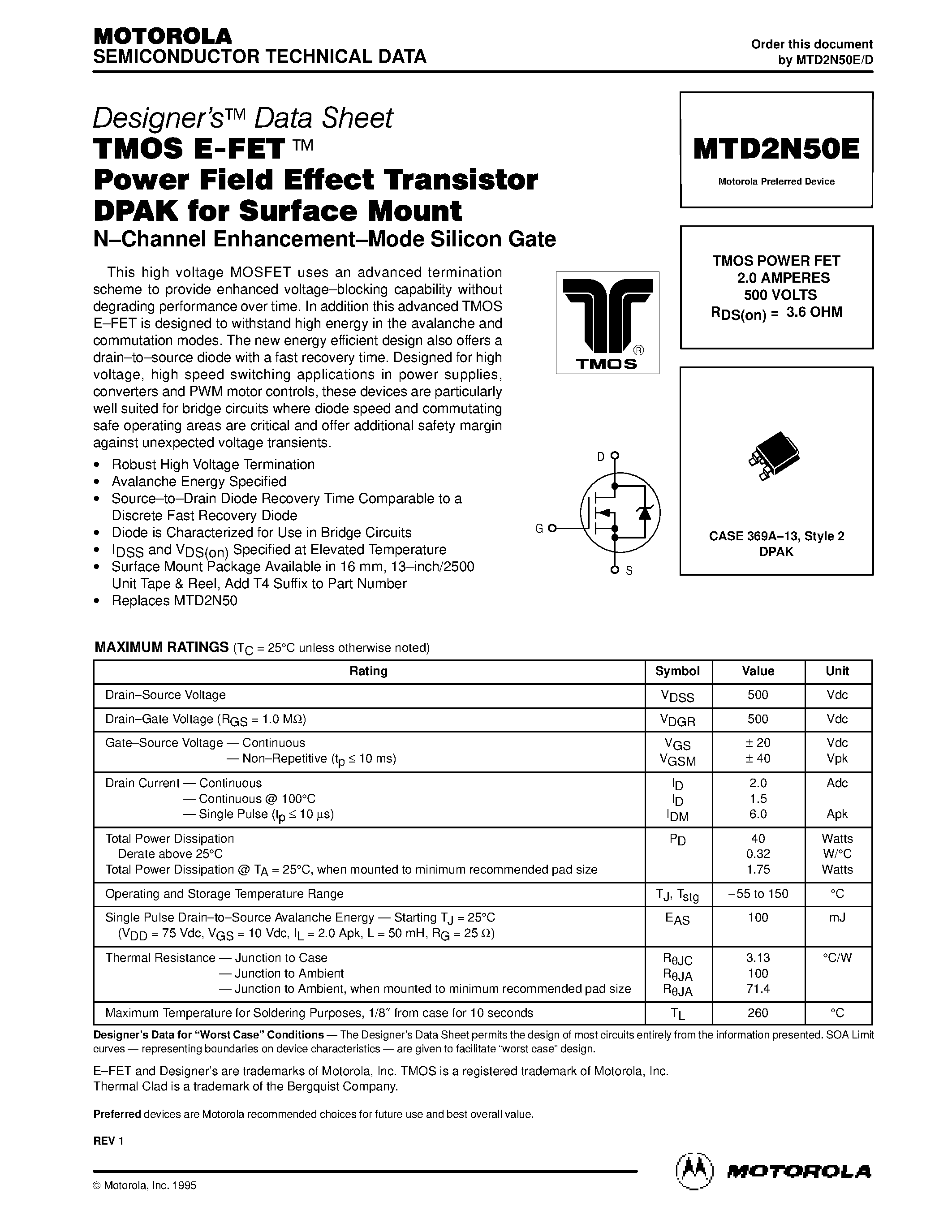 Datasheet MTD2N50E - TMOS POWER FET 2.0 AMPERES 500 VOLTS RDS(on) = 3.6 OHM page 1