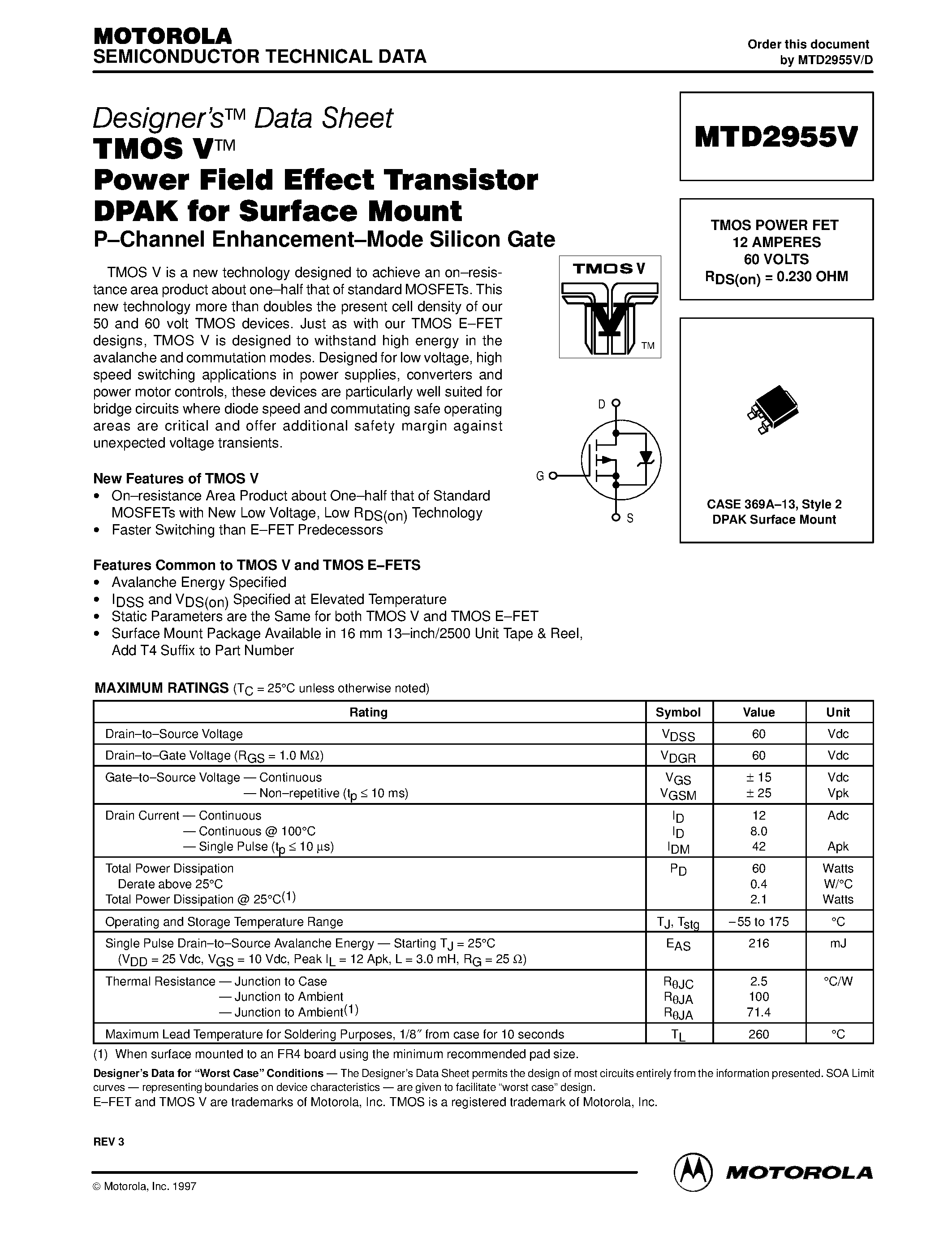 Datasheet MTD2955V - TMOS POWER FET 12 AMPERES 60 VOLTS RDS(on) = 0.230 OHM page 1
