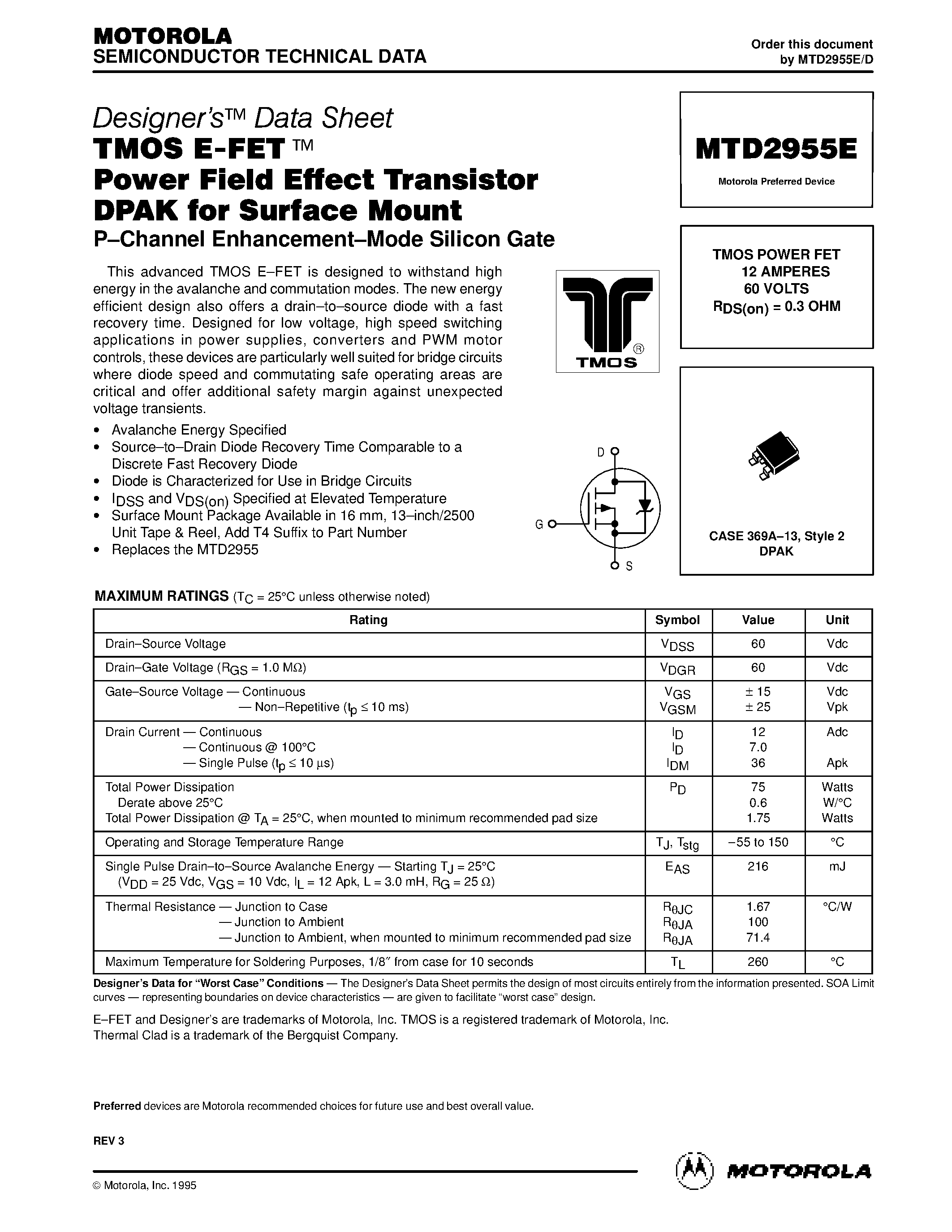 Datasheet MTD2955E - TMOS POWER FET 12 AMPERES 60 VOLTS RDS(on) = 0.3 OHM page 1