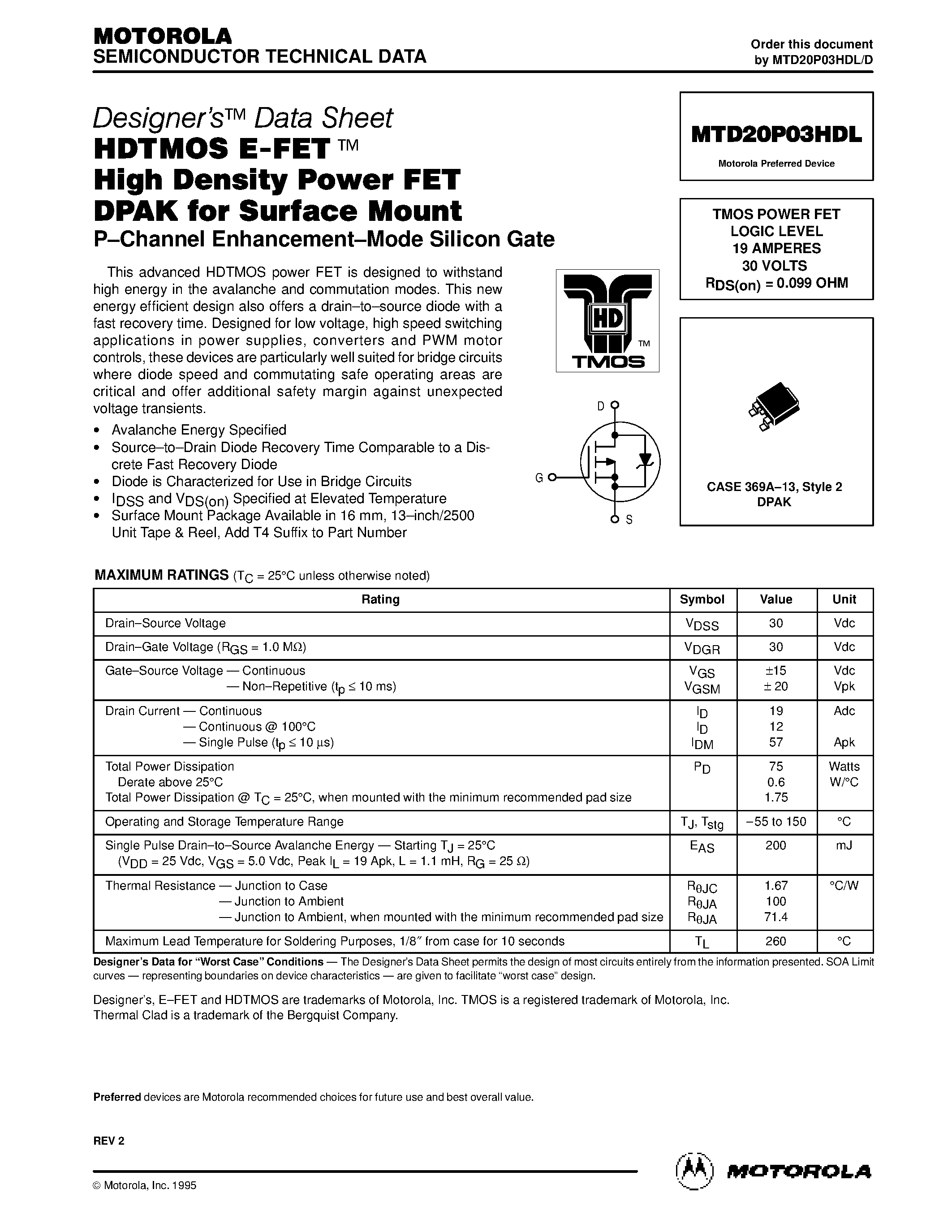 Datasheet MTD20P03HDL - TMOS POWER FET LOGIC LEVEL 19 AMPERES 30 VOLTS RDS(on) = 0.099 OHM page 1