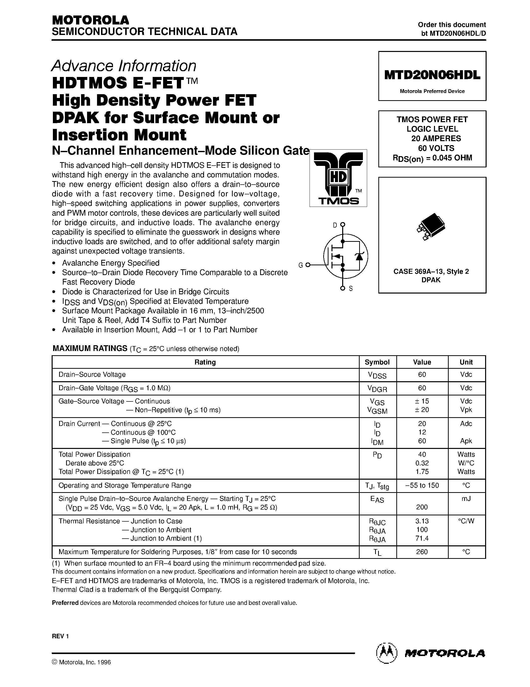 Datasheet MTD20N06HDL - TMOS POWER FET LOGIC LEVEL 20 AMPERES 60 VOLTS RDS(on) = 0.045 OHM page 1