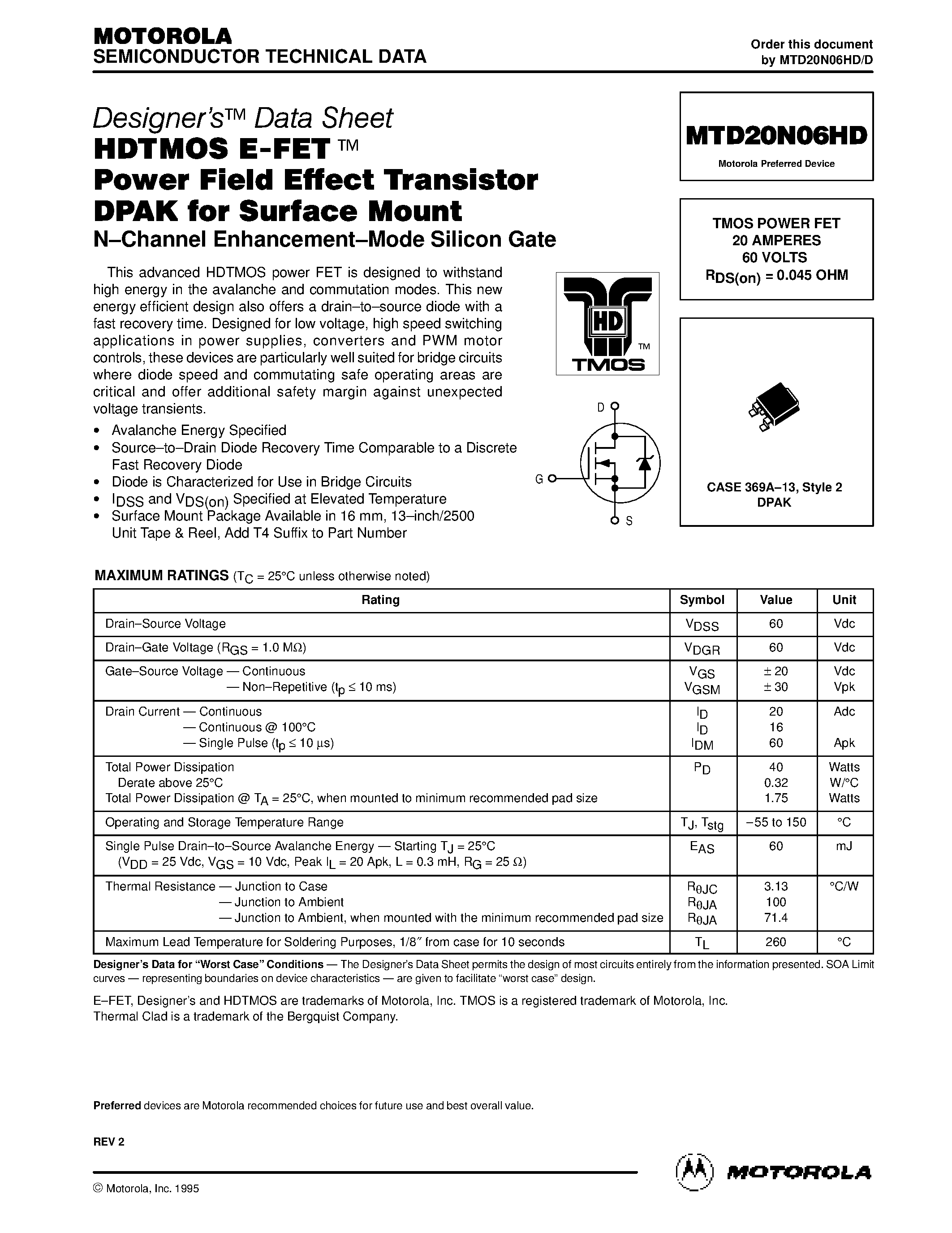 Datasheet MTD20N06HD - TMOS POWER FET 20 AMPERES 60 VOLTS RDS(on) = 0.045 OHM page 1