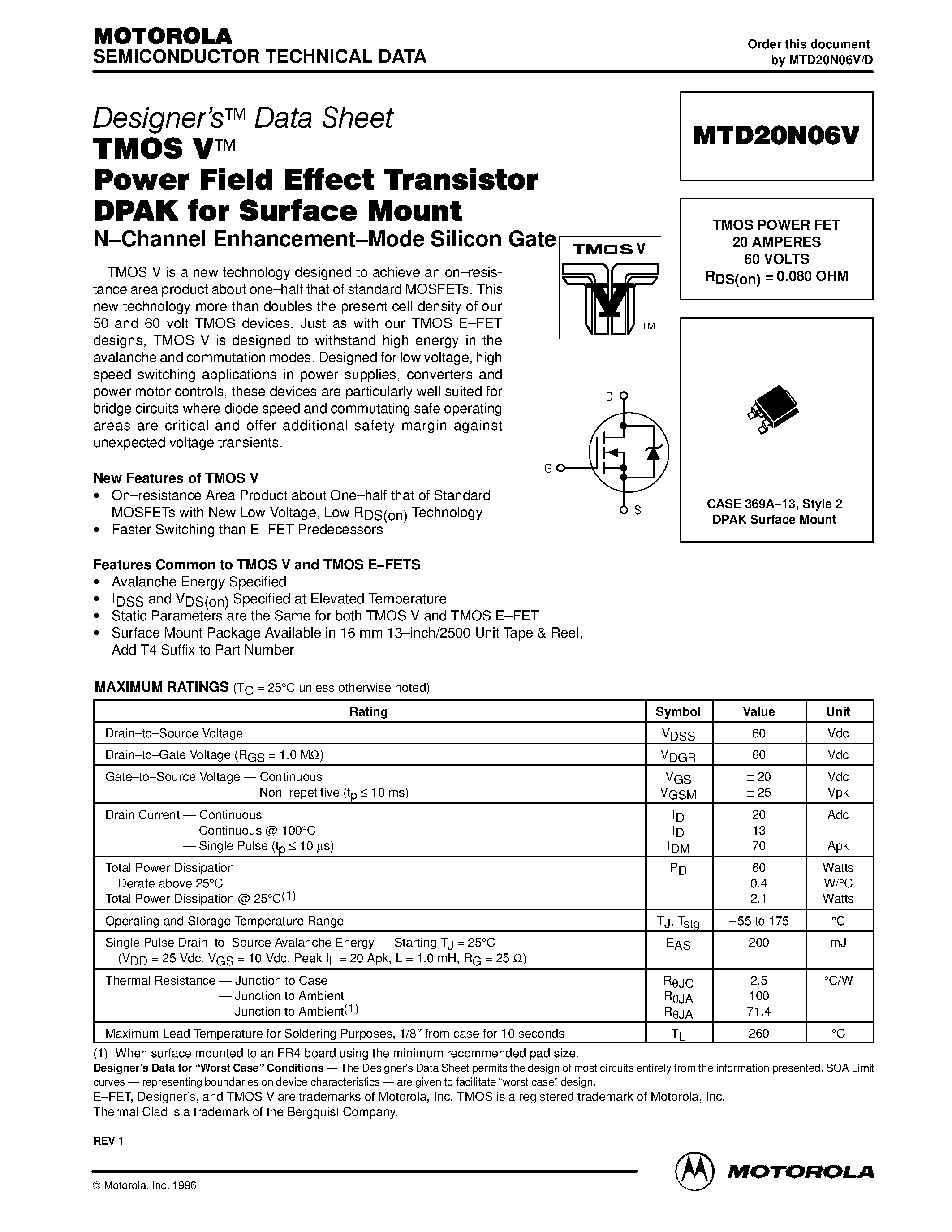 Datasheet MTD20N06V - TMOS POWER FET 20 AMPERES 60 VOLTS RDS(on) = 0.080 OHM page 1