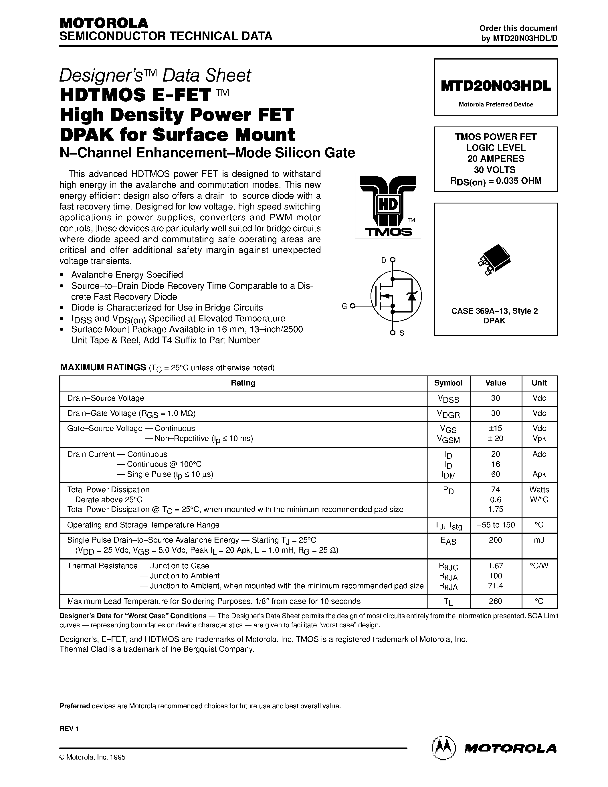 Datasheet MTD20N03HDL - TMOS POWER FET LOGIC LEVEL 20 AMPERES 30 VOLTS RDS(on) = 0.035 OHM page 1
