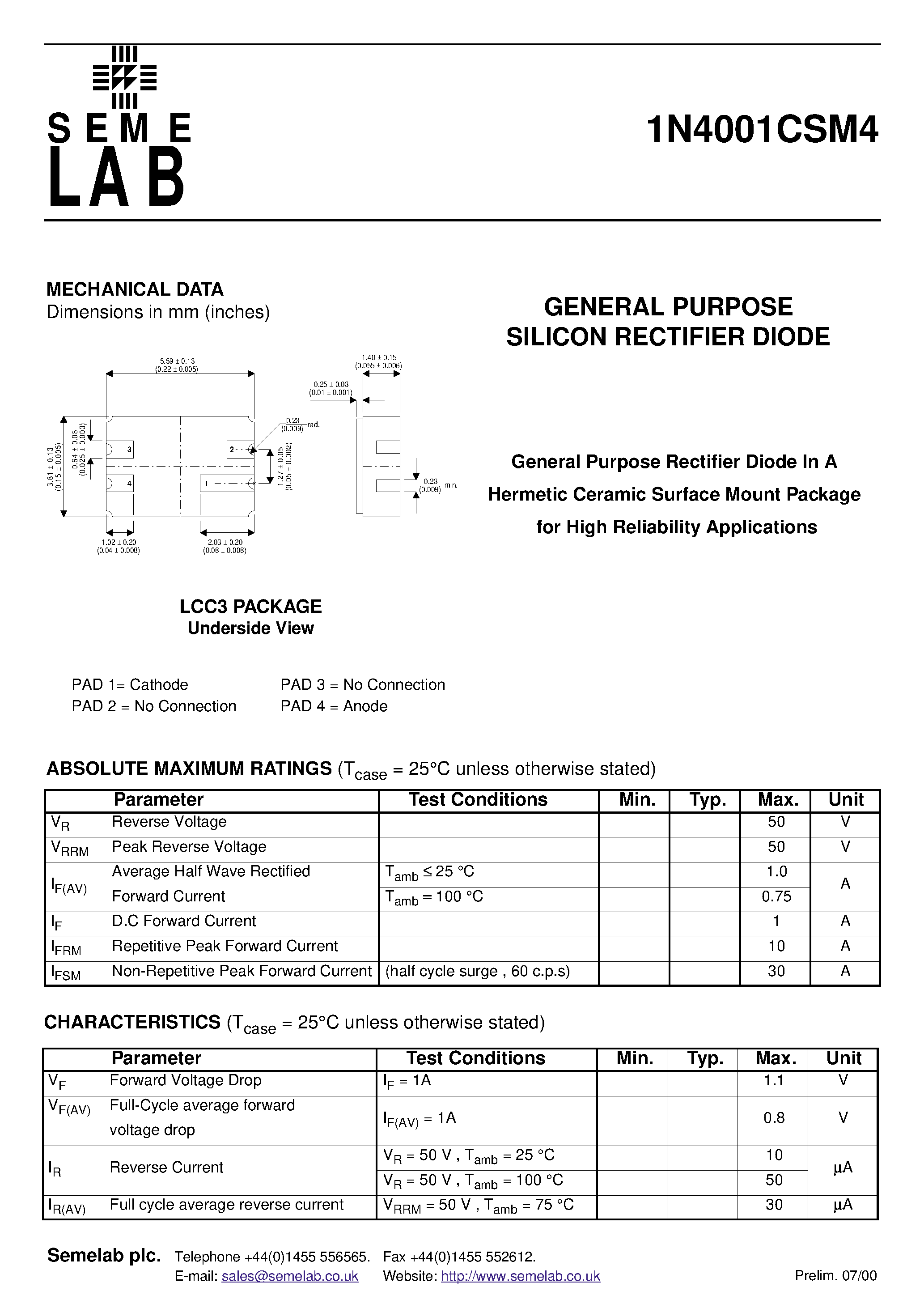 Datasheet 1N4001CSM4 page 1 Datasheet 1N4001CSM4 - GENERAL PURPOSE SILICON RECTIFIER DIODE page 1