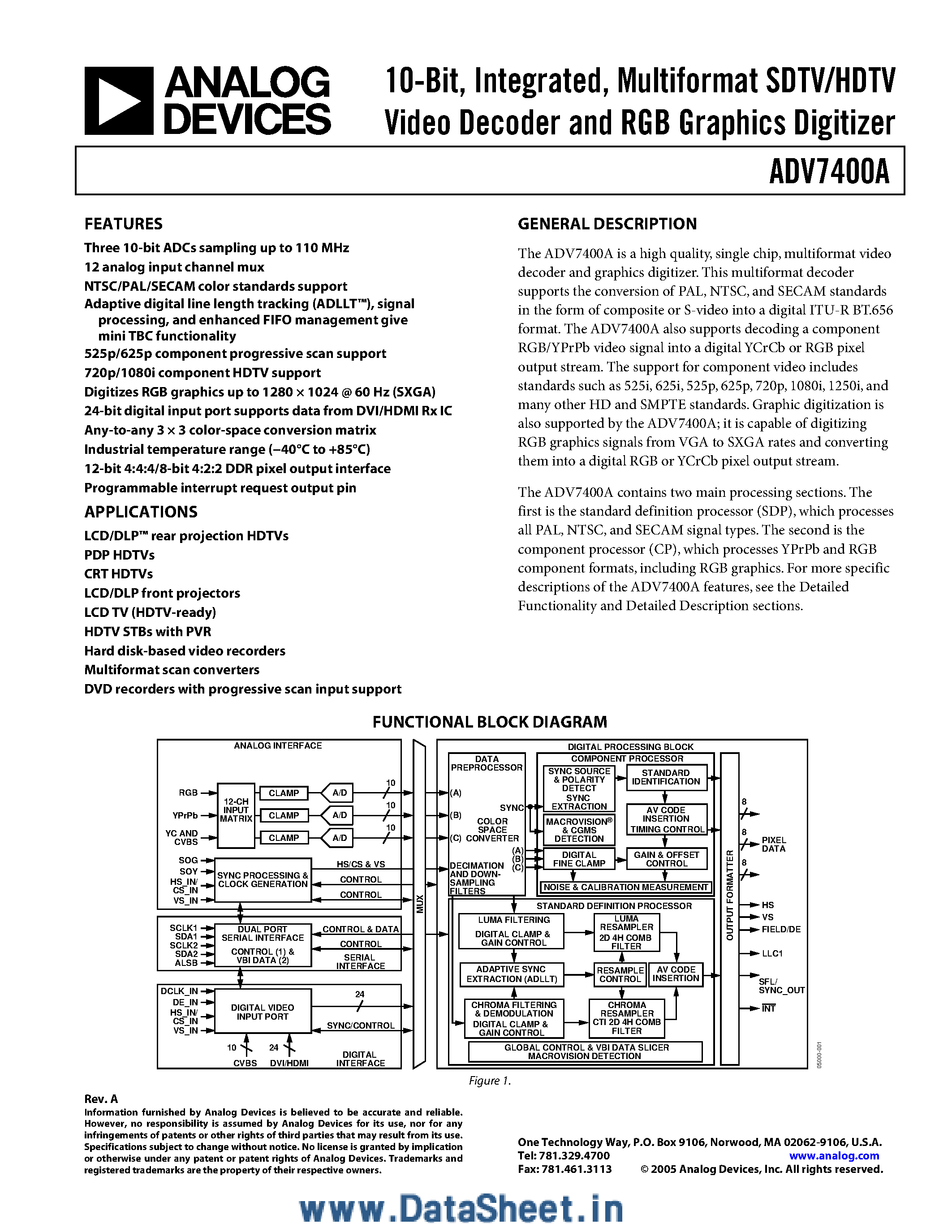 Даташит ADV7400A - 10-Bit Integrated Multiformat SDTV/HDTV Video Decoder and RGB Graphics Digitizer страница 1
