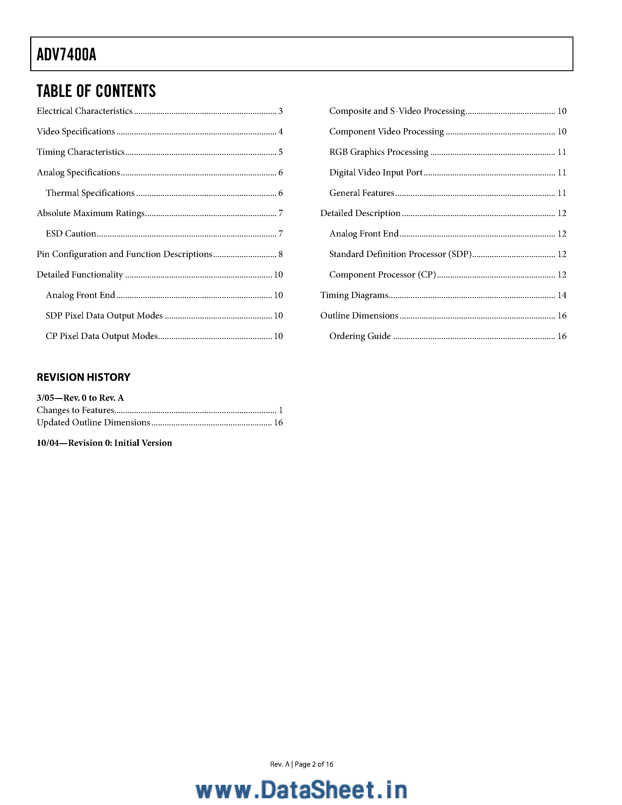 Даташит ADV7400A - 10-Bit Integrated Multiformat SDTV/HDTV Video Decoder and RGB Graphics Digitizer страница 2