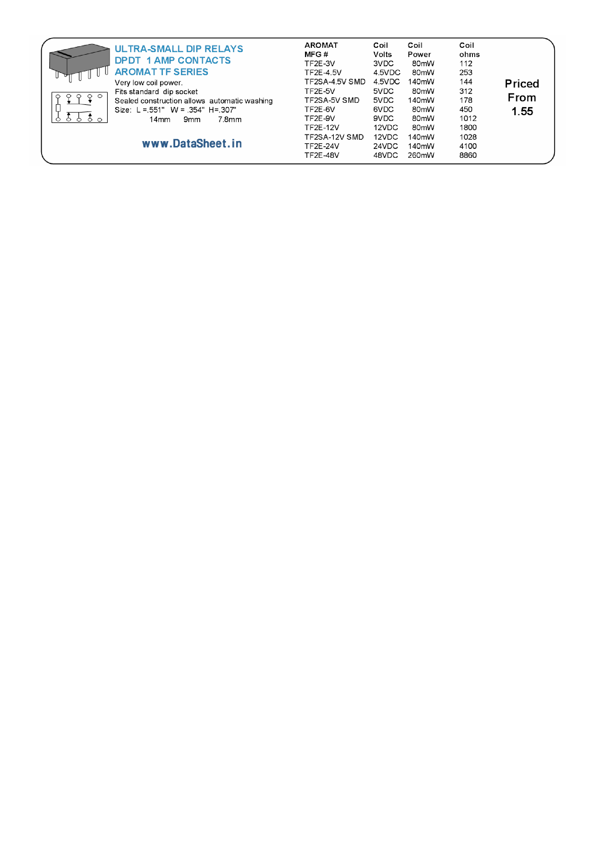 Datasheet TF2xx page 1 Datasheet TF2xx - Ultra Small DIP Relays DPDT 1 Amp Contacts Aroma TF Series page 1