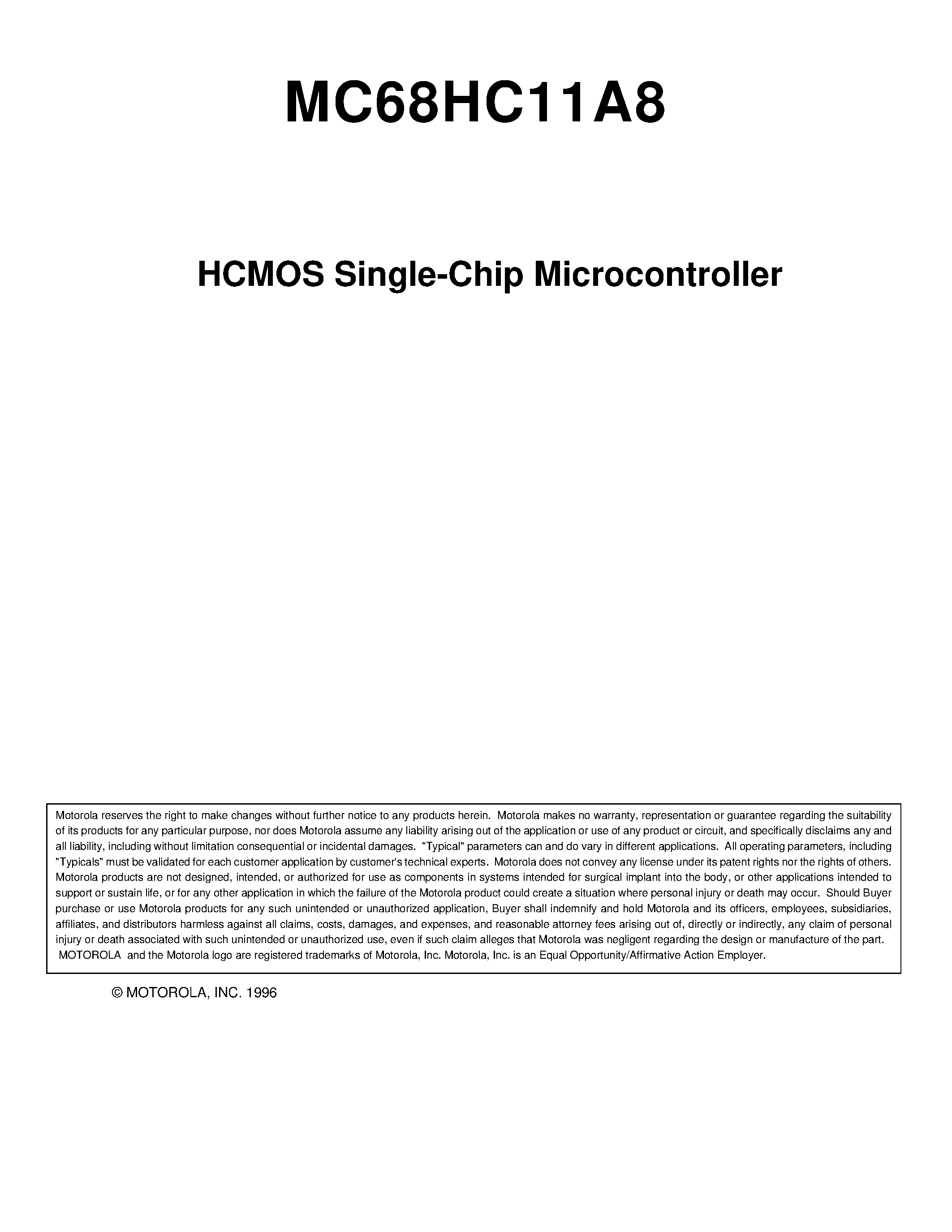 Даташит на микросхему MC68HC11A8 страница 1 Даташит MC68HC11A8 - HCMOS Single-Chip Microcontroller страница 1