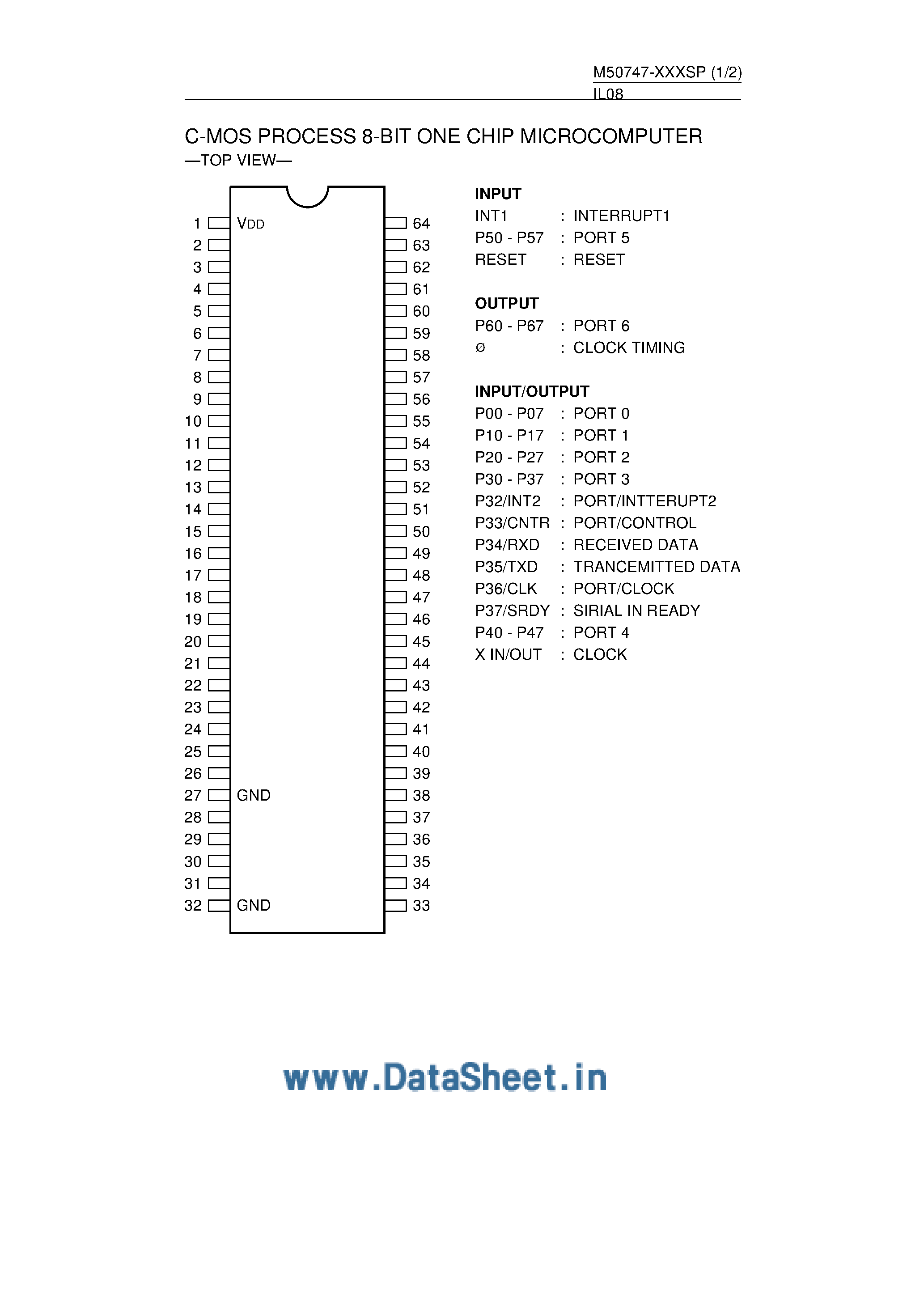 Datasheet M50747-XXXSP - CMOS Process 8-Bit 1-Chip Microcomputer page 1