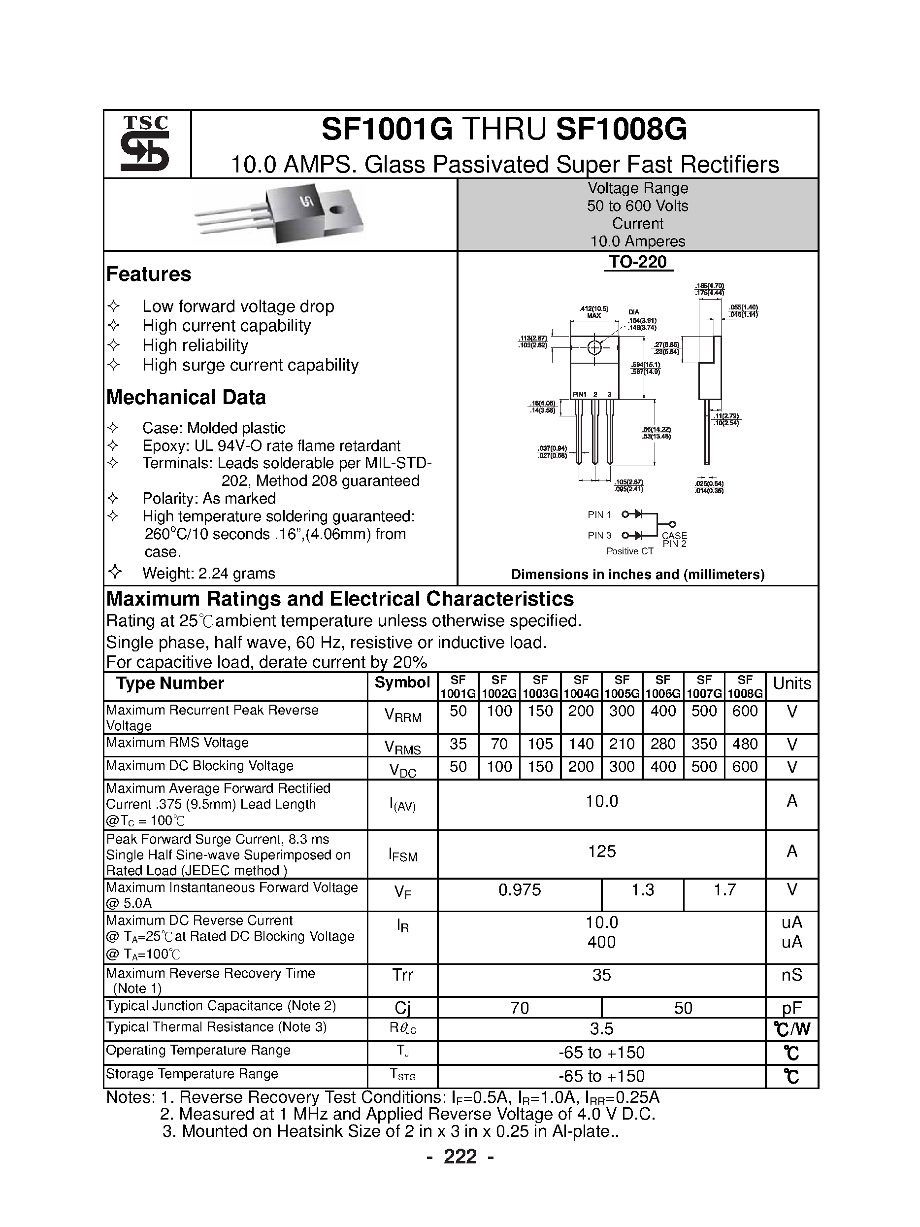 Даташит на микросхему SF1001G страница 1 Даташит SF1001G - (SF1001G - SF1008G) 10.0 AMPS. Glass Passivated Super Fast Rectifiers страница 1
