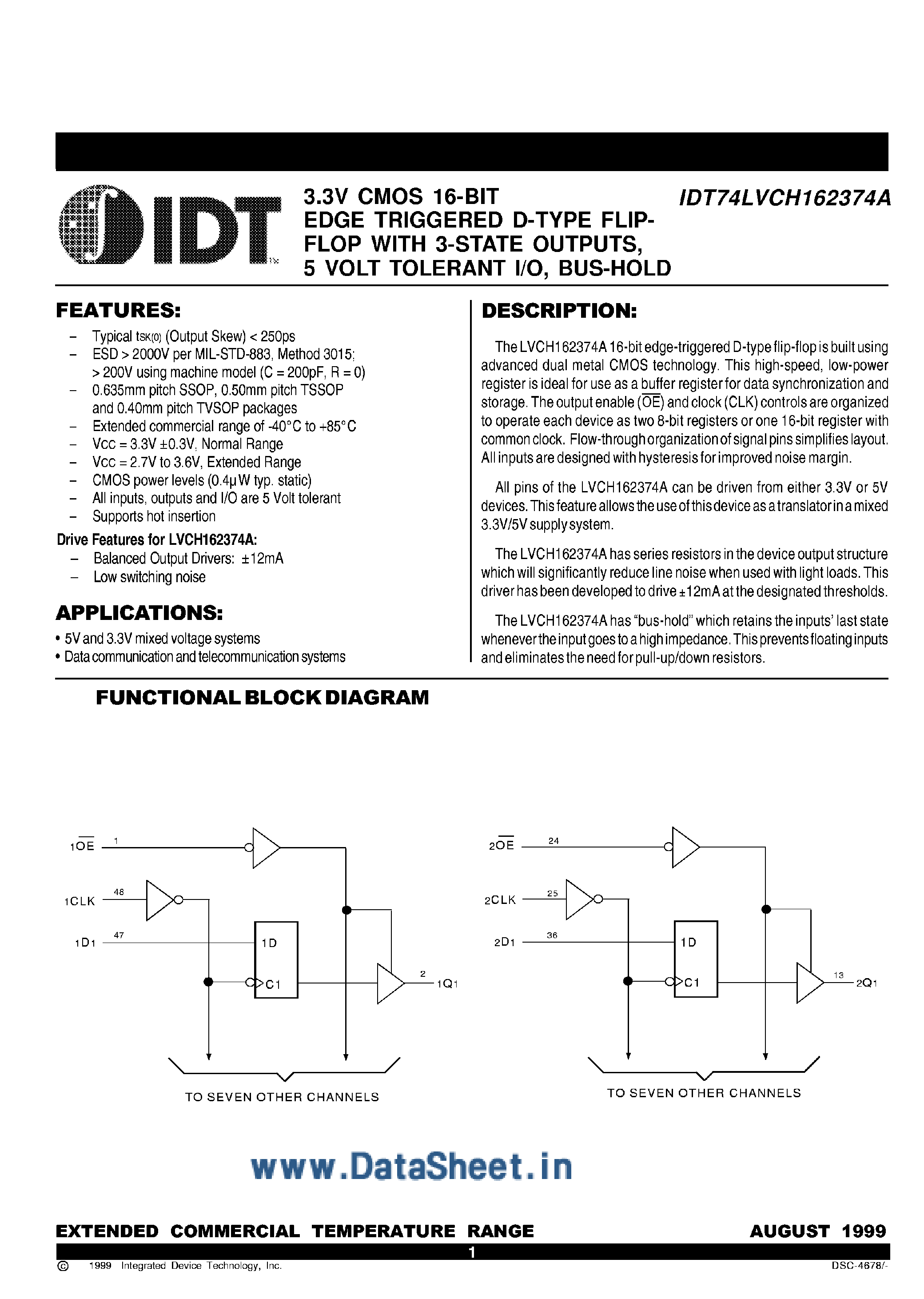 Datasheet IDT74LVC162374A - 3.3V CMOS 16-Bit EDGE Triggered D-Type F-F page 1