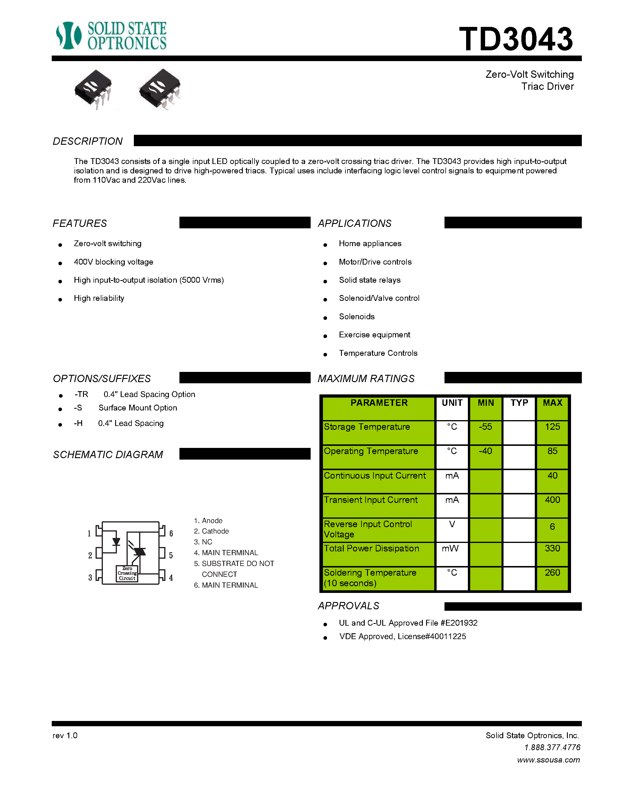 Datasheet TD3043 - Zero-Volt Switching Triac Driver page 1