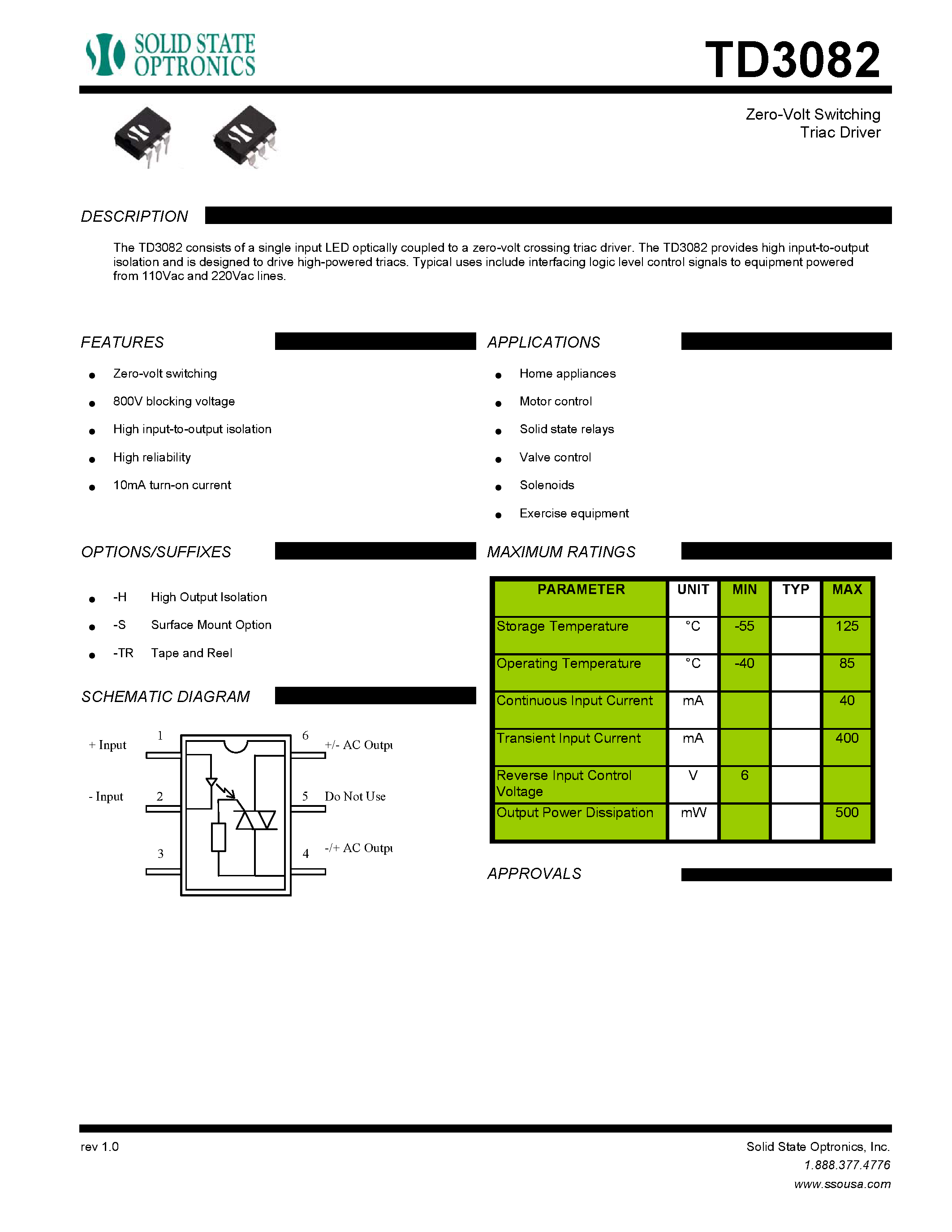 Datasheet TD3082 page 1 Datasheet TD3082 - Zero-Volt Switching Triac Driver page 1