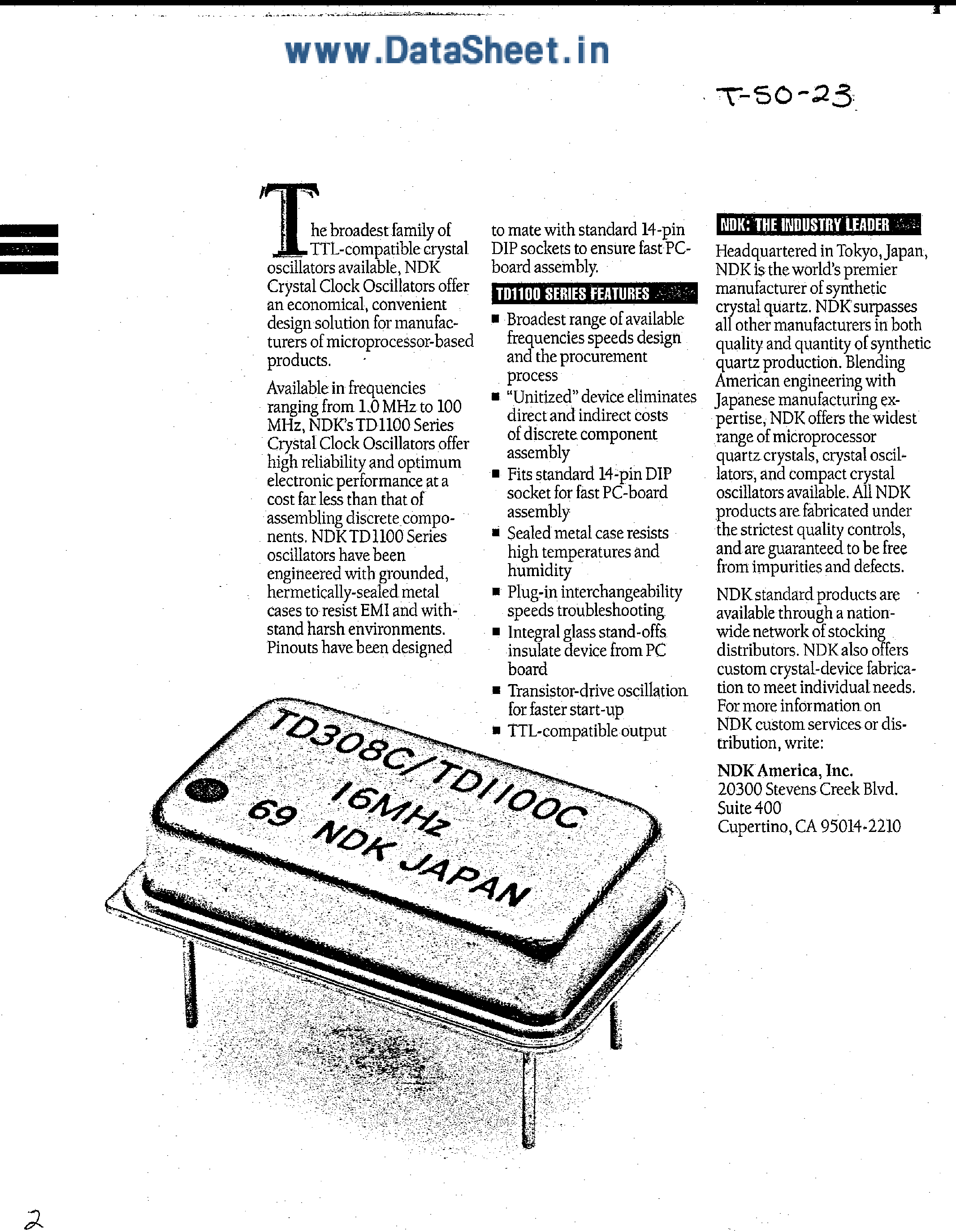 Datasheet TD1100 page 2 Datasheet TD1100 - Crystal Clock Oscillators page 2