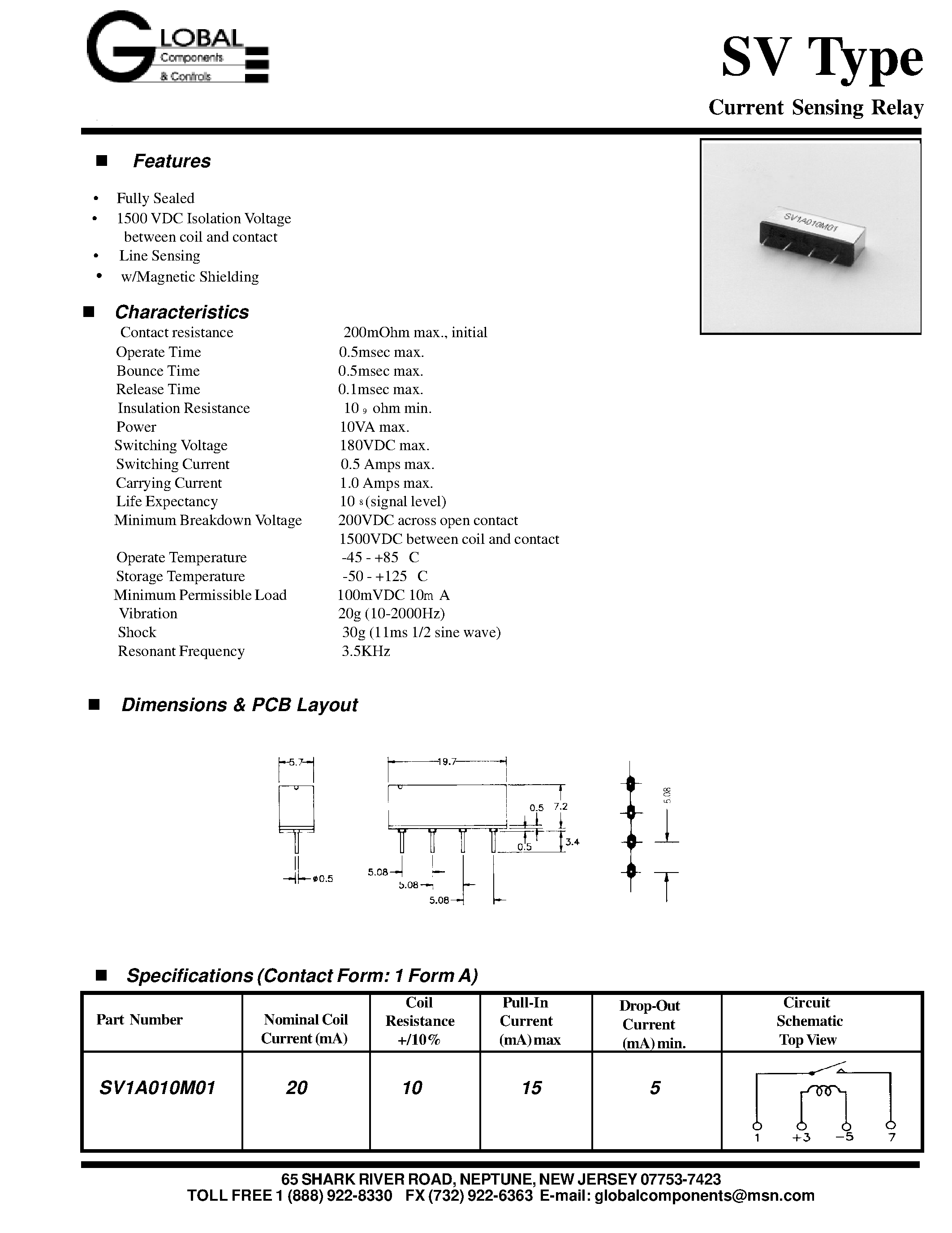 Datasheet SV1A010M01 - Current Sensing Relay page 1