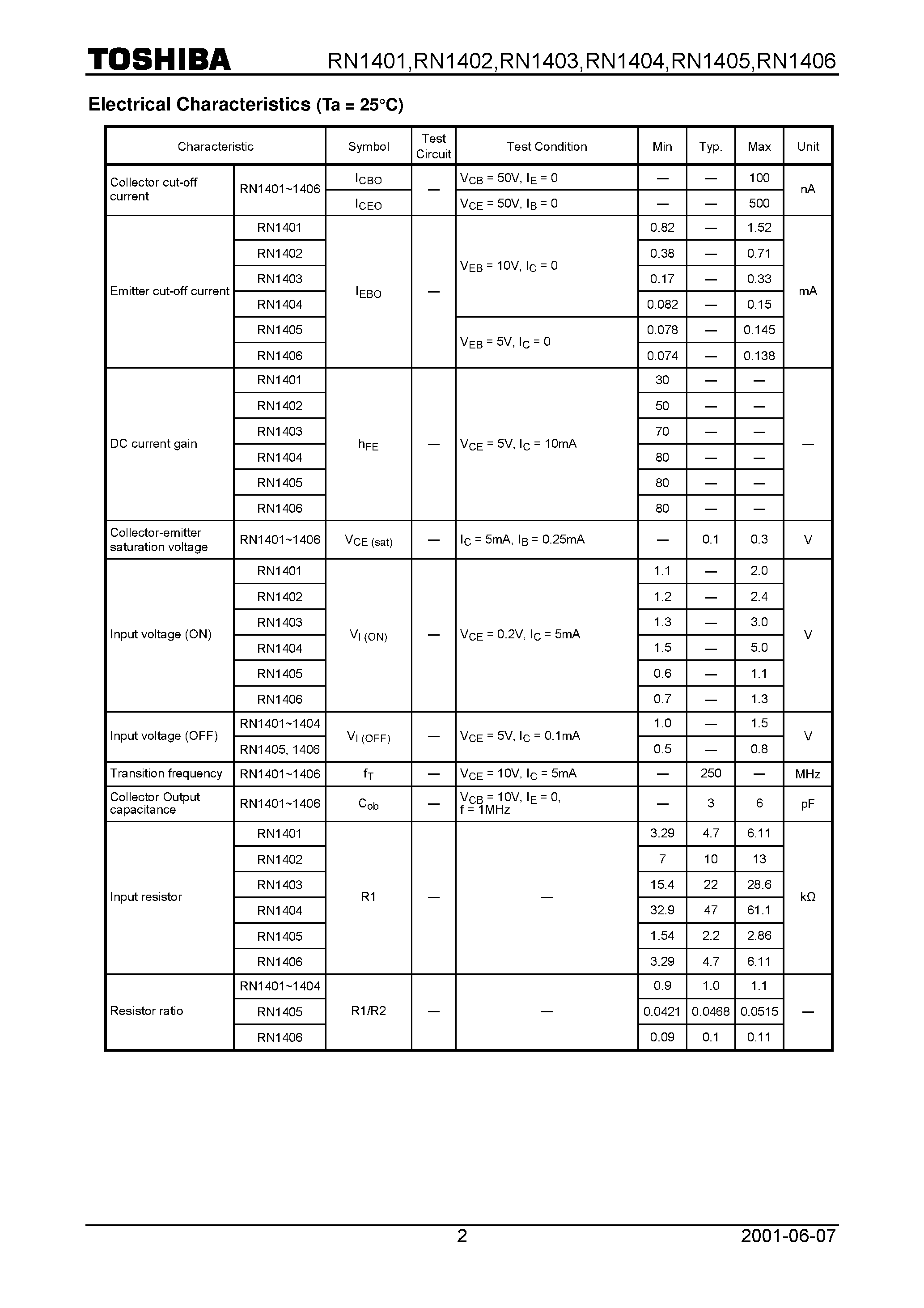 Datasheet RN1401 page 2 Datasheet RN1401 - (RN1401 - RN1406) Switching / Inverter Circuit / Interface Circuit And Driver Circuit Applications page 2